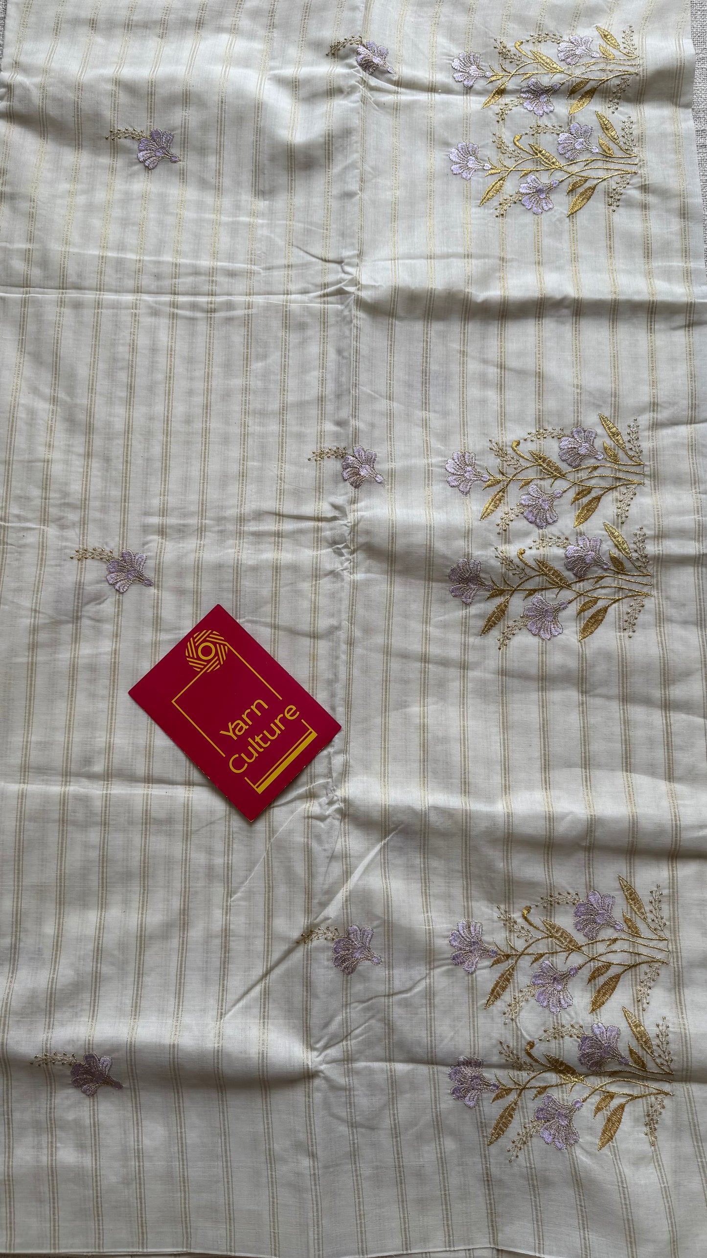 Ivory and gold with lavender flower embroidery, striped zari, kerala cotton - YCON25KCSFE261