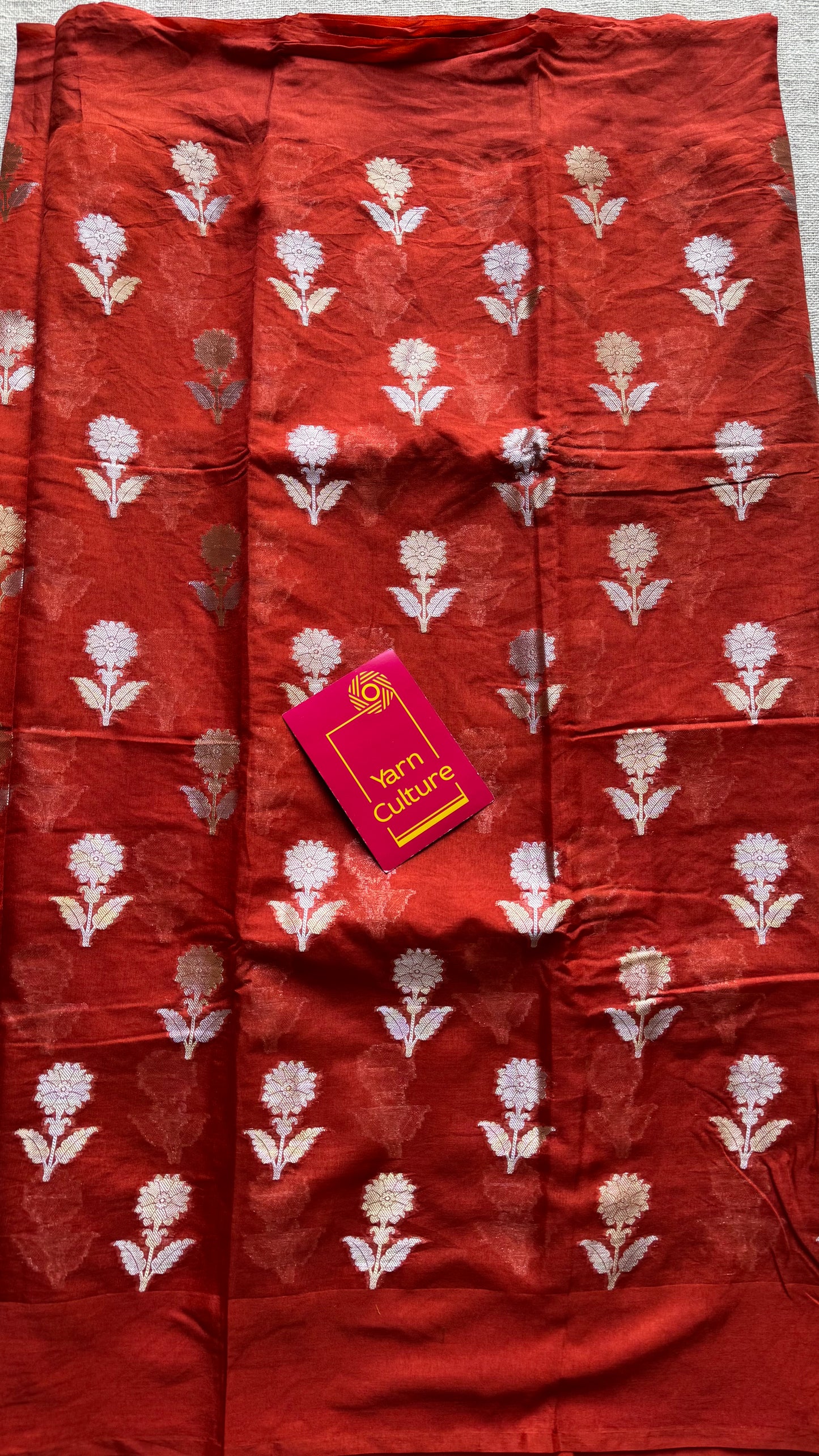 Rust orange with gold and silver floral buttas, Banarasi semi-crepe silk - YCDESE50