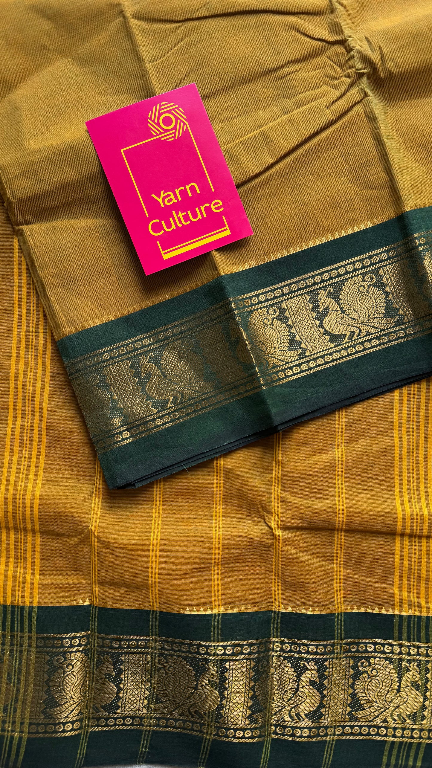 Brownish yellow with green contrast border, chettinad cotton - YCCOTNOCCC01