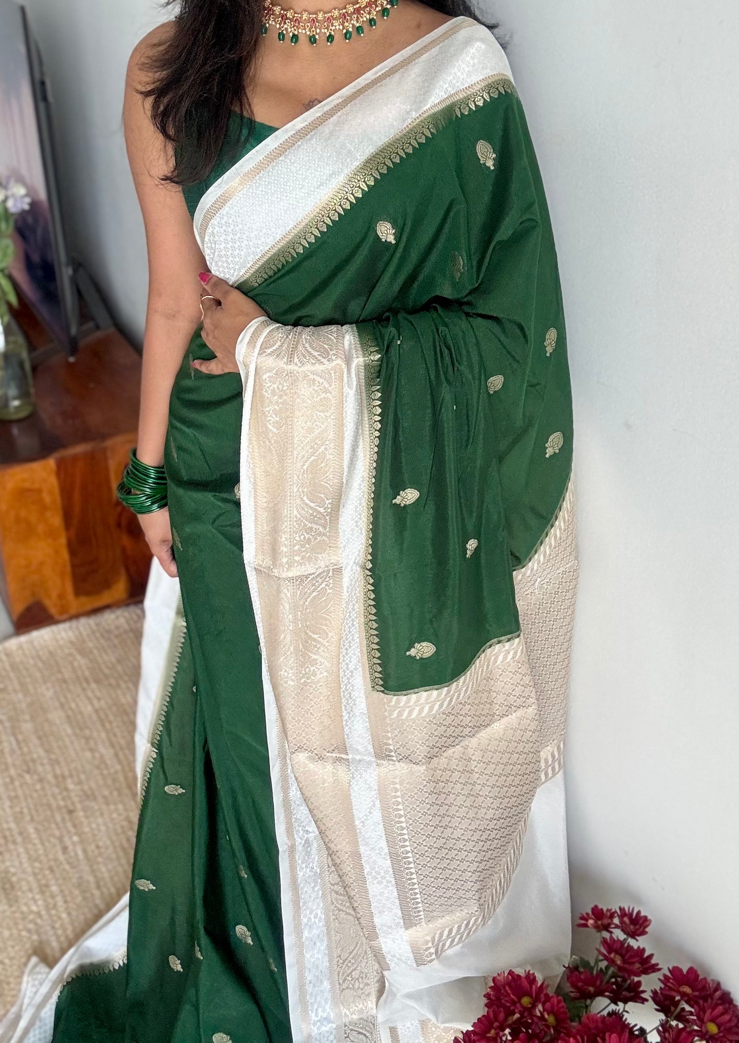 Dark green with cream border, Banarasi semi-silk - YCDESE01