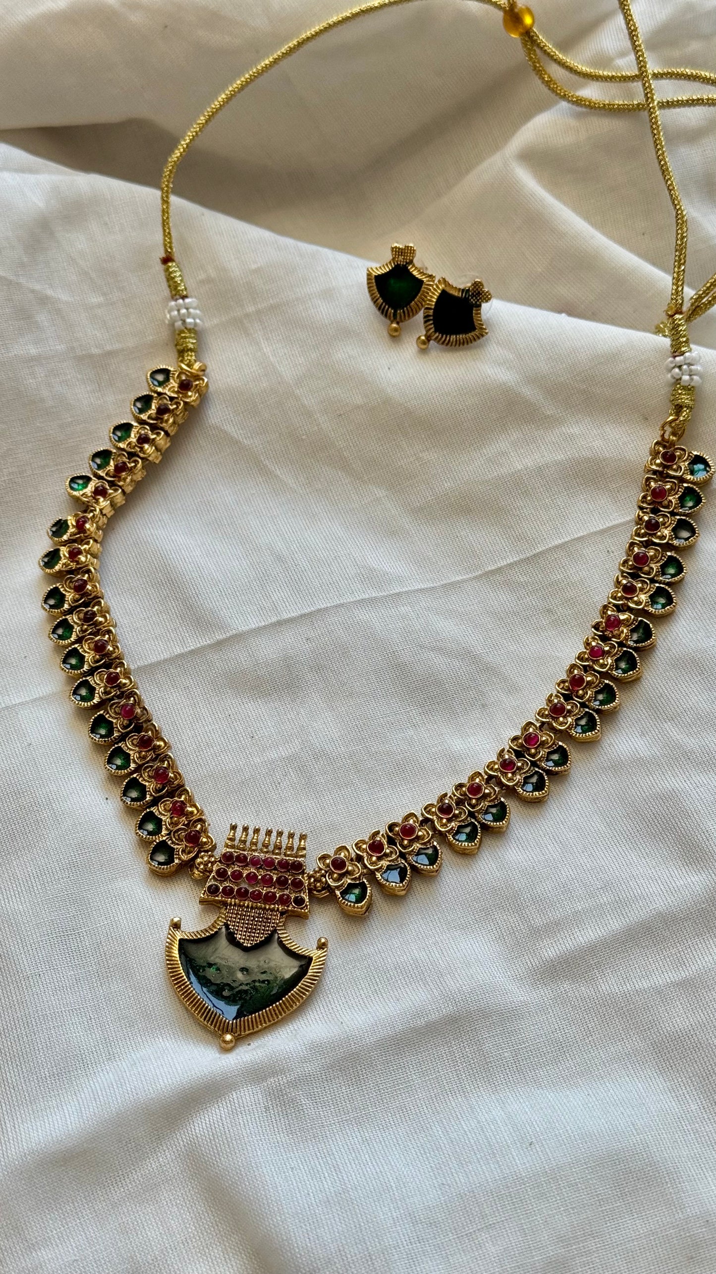 Green palakka pendant neckpiece with earrings - YCGPNP634a