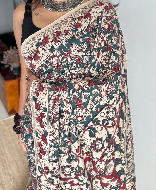 Bluish grey with beige and maroon kalamkari, floral vines, soft cotton - YCWOTDOCMP86