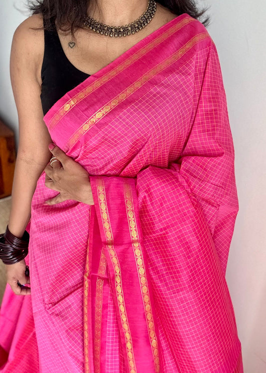 Hot pink, arani checks, cotton silk - YCCOTNJUAR07