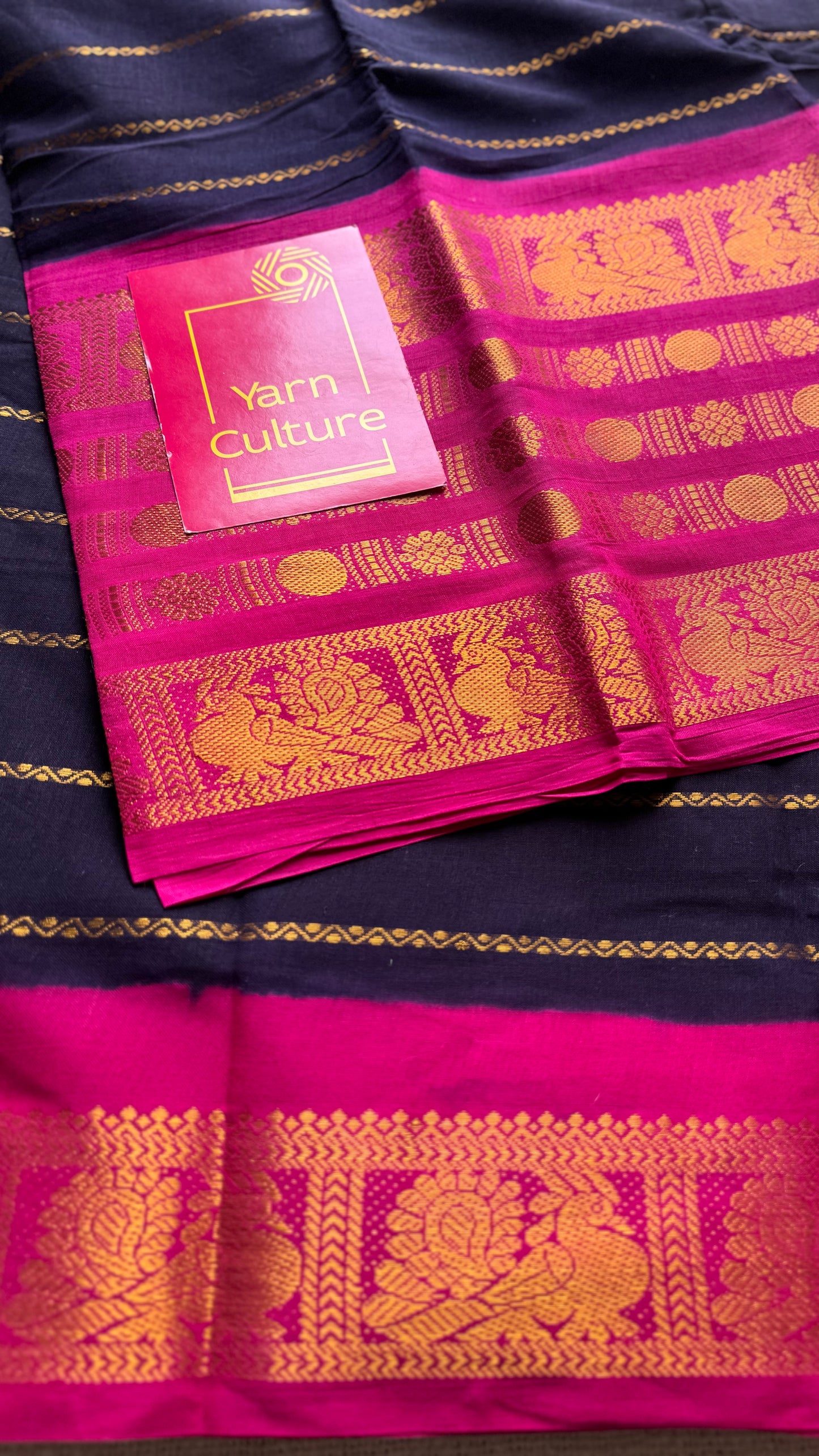 Dark blue with hot pink, peacock rudraksham motif, single side broad zari - madurai kattuchayam dyed - YCCOTNAUS24