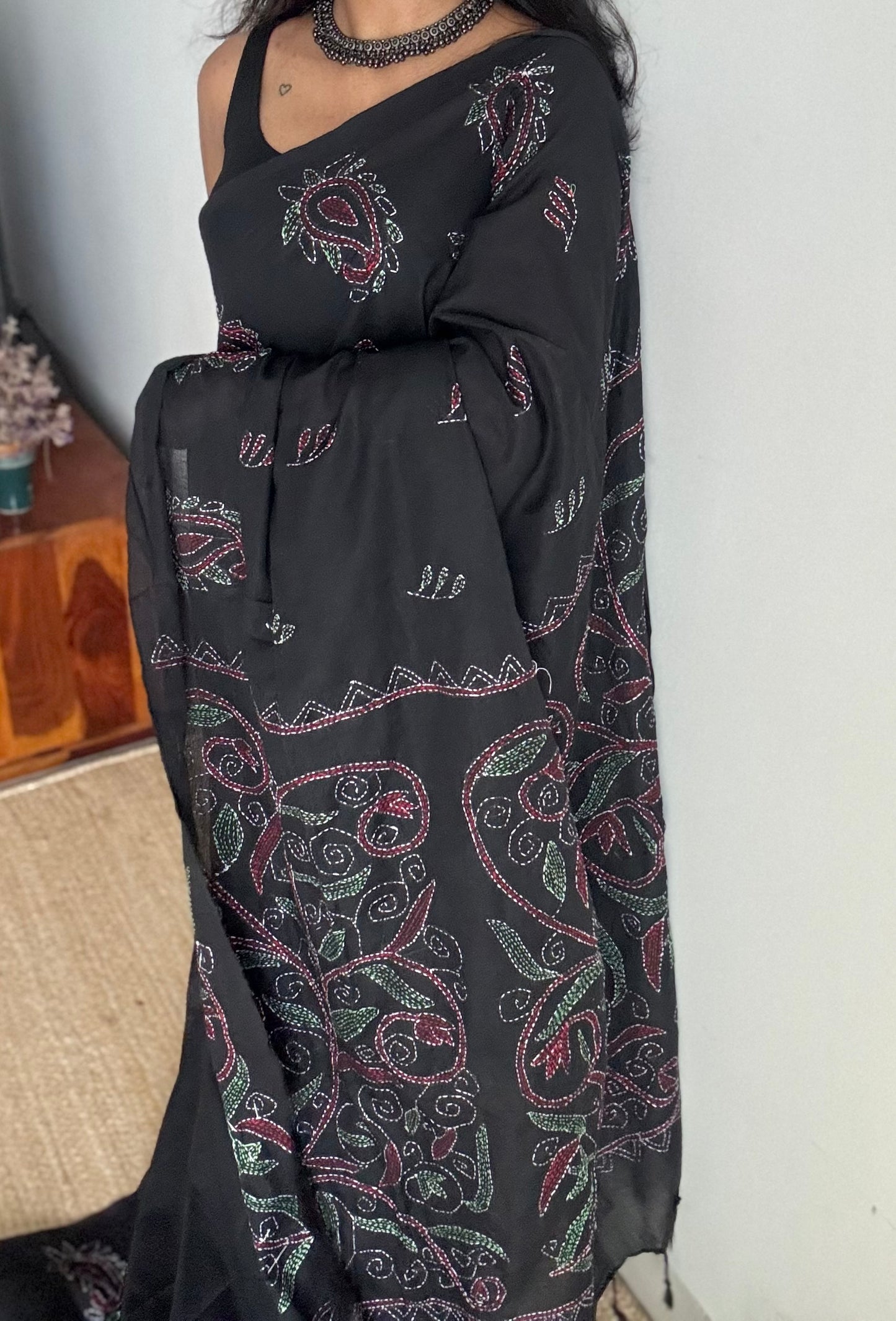 Kaaj Kaalo (কাজ কালো) - Embroidered Black, kantha weave in soft khadi cotton - YCBCSEKC08