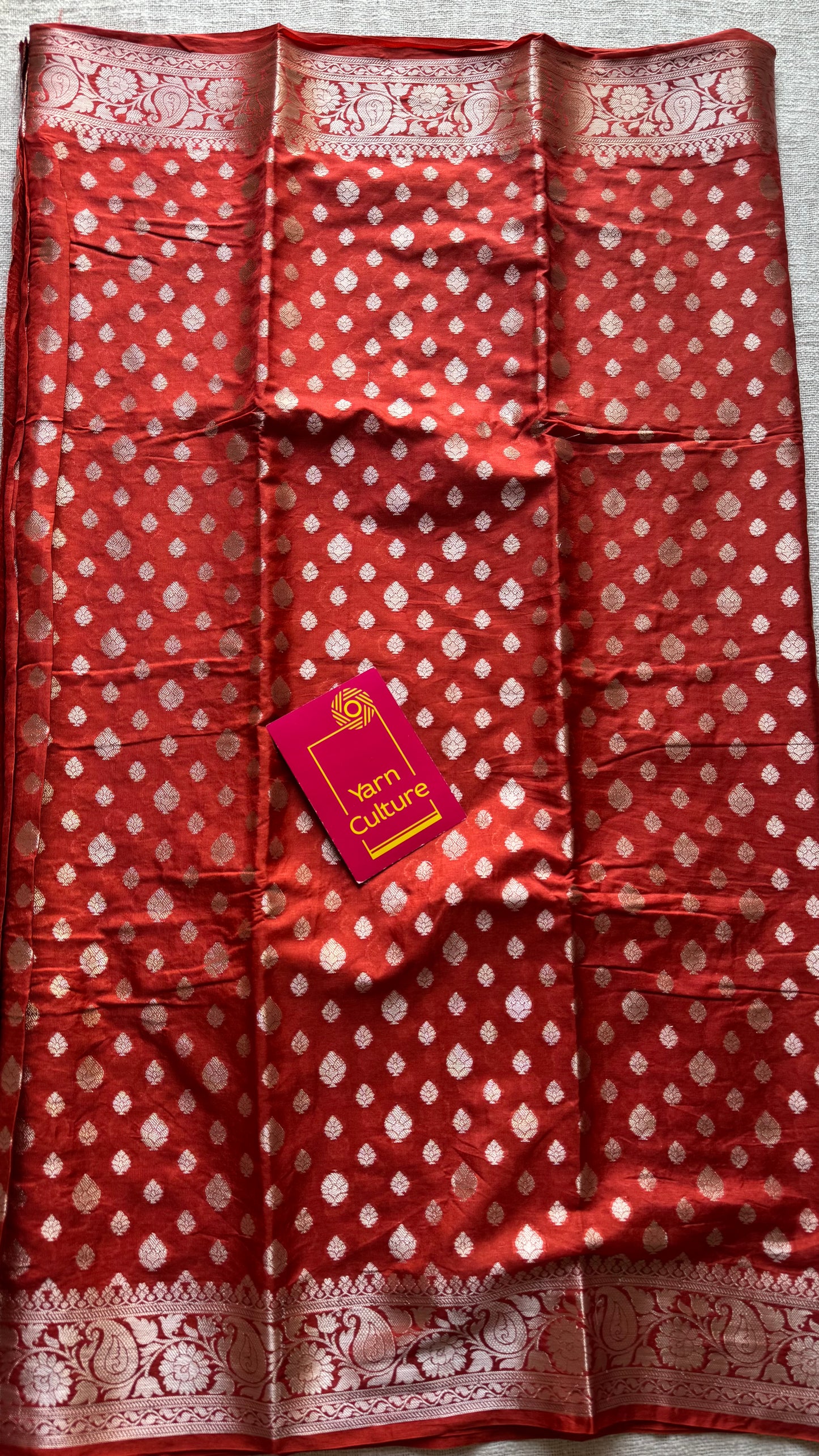 Burnt red, silver buttas and zari, Banarasi semi-silk - YCDESE36