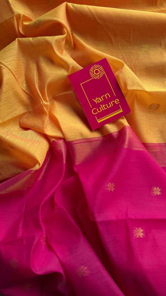 Yellow with pink, gold buttas, semi maheshwari cotton silk - YCCOTNFEJUSM08