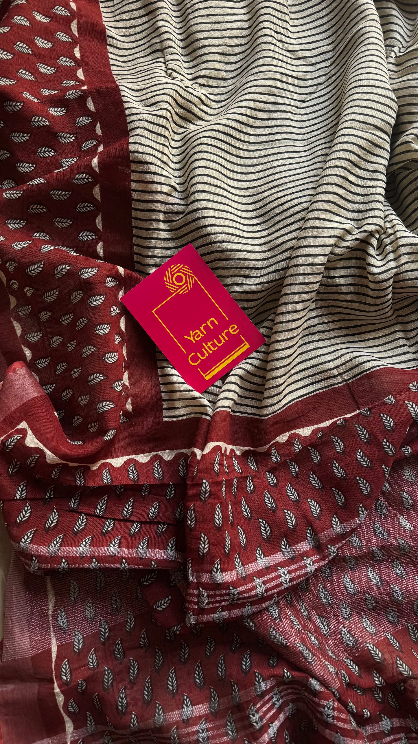 Cream and maroon striped linen, silver zari border - YCTORNOP19