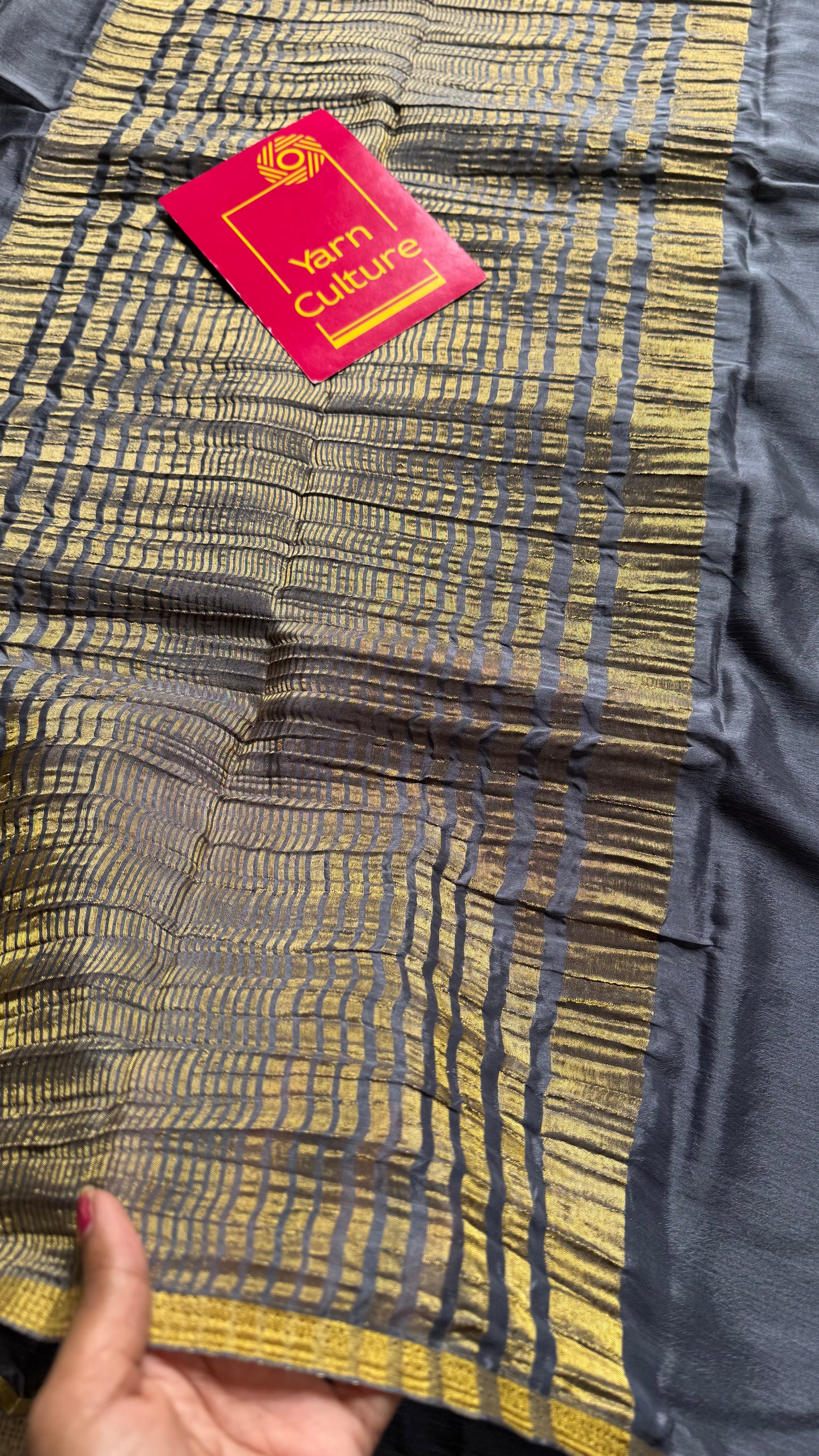 Grey chiffon with thin gold zari border - YCDESE23
