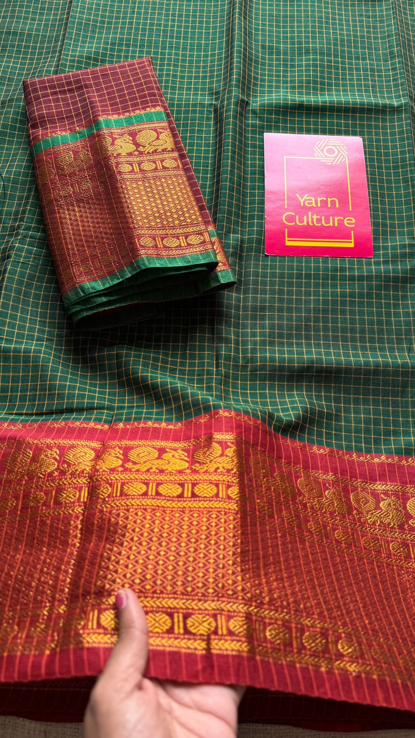 Dark green checks with zari border, premium narayanpet, soft cotton - YCWOTDFEBB12