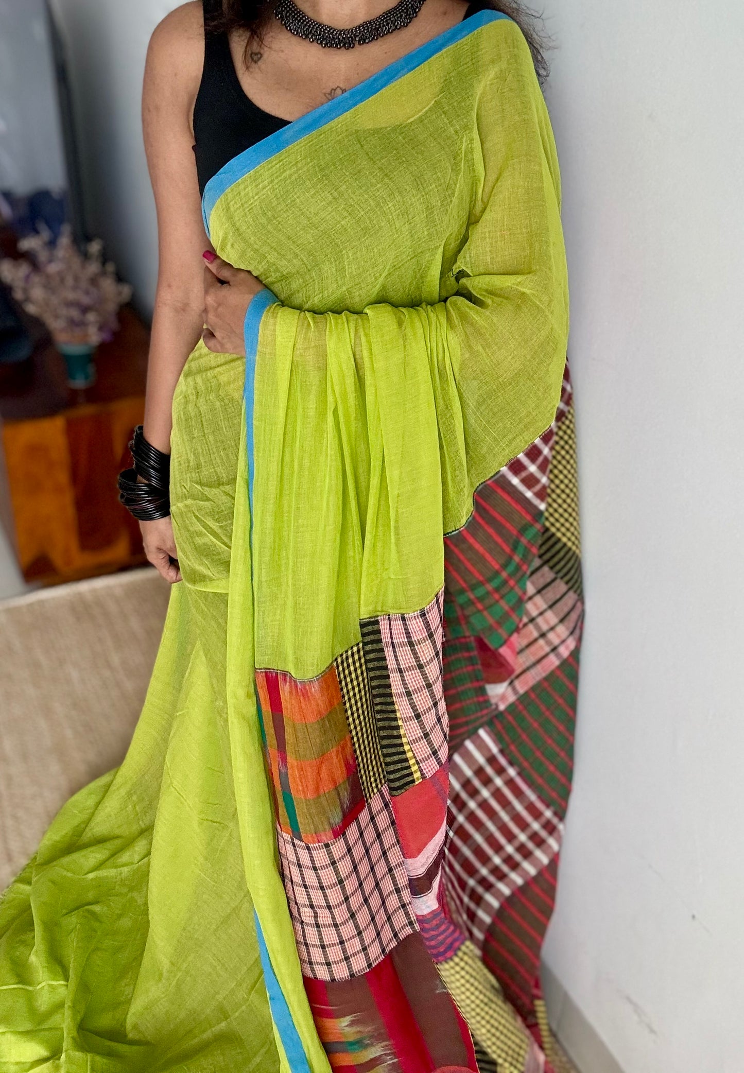 Lime green mul saree with patchwork on pallu - YCBCAUMCP02