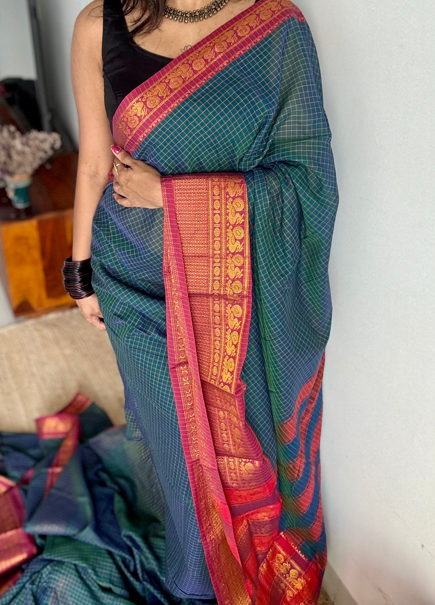 Teal checks with zari border, premium narayanpet, soft cotton - YCWOTDOCNP03
