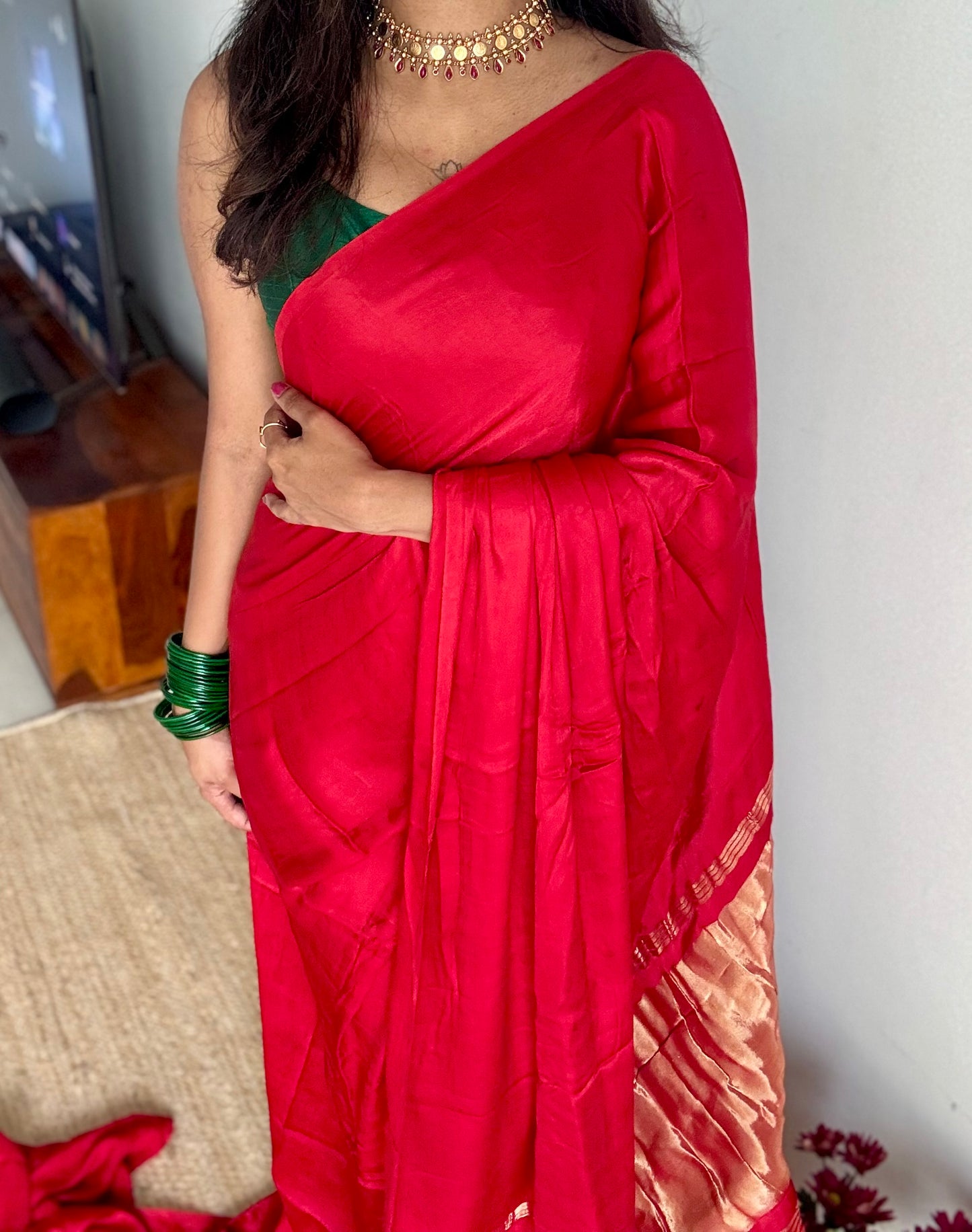 Red Modal Silk with Lagadi patta (gold pallu) - YCDESE24