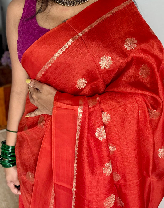 Rust orange in viscose soft silk with satin border, jacquard zari motifs - YCDOSFE200