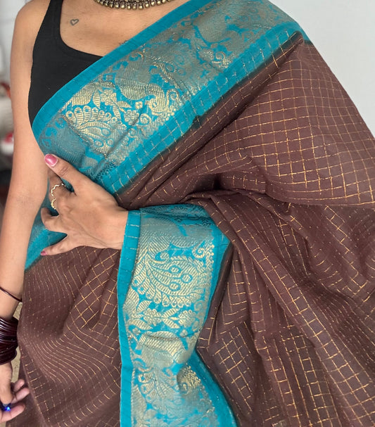 Brown with aqua blue contrast zari checkered sungudi, kattuchayam dyed madurai cotton - YCCOTNMSAP169