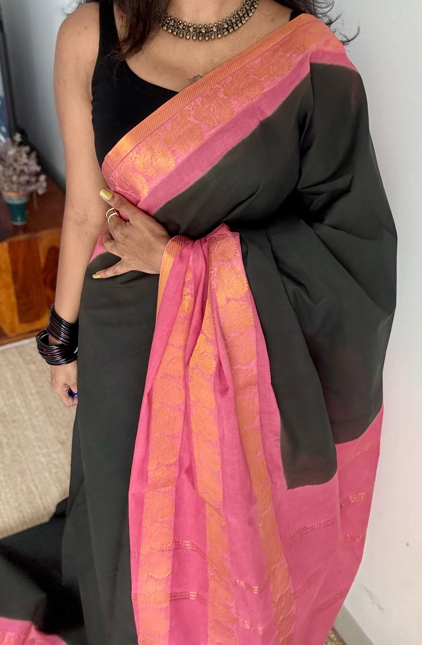 Dark green and pink sungudi with triple peacock motif rettai pettu wide border - YCCOTNSEMS51