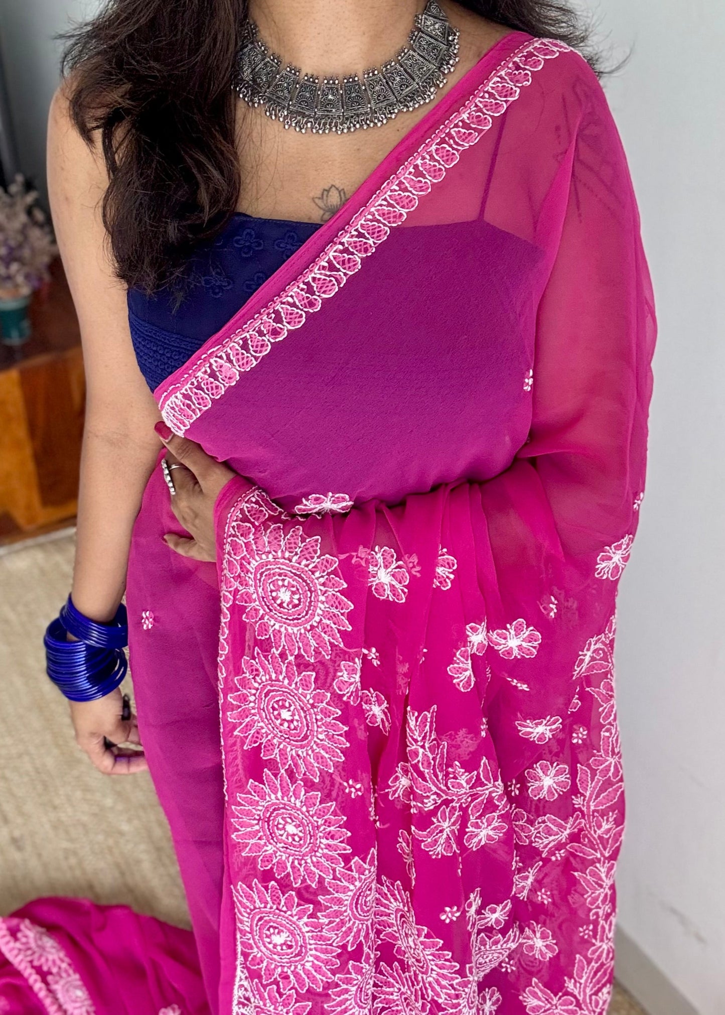 Sham-e-Shahzadi (evening of a princess) - Hot pink Chikankari, georgette YCSLCJULCK04
