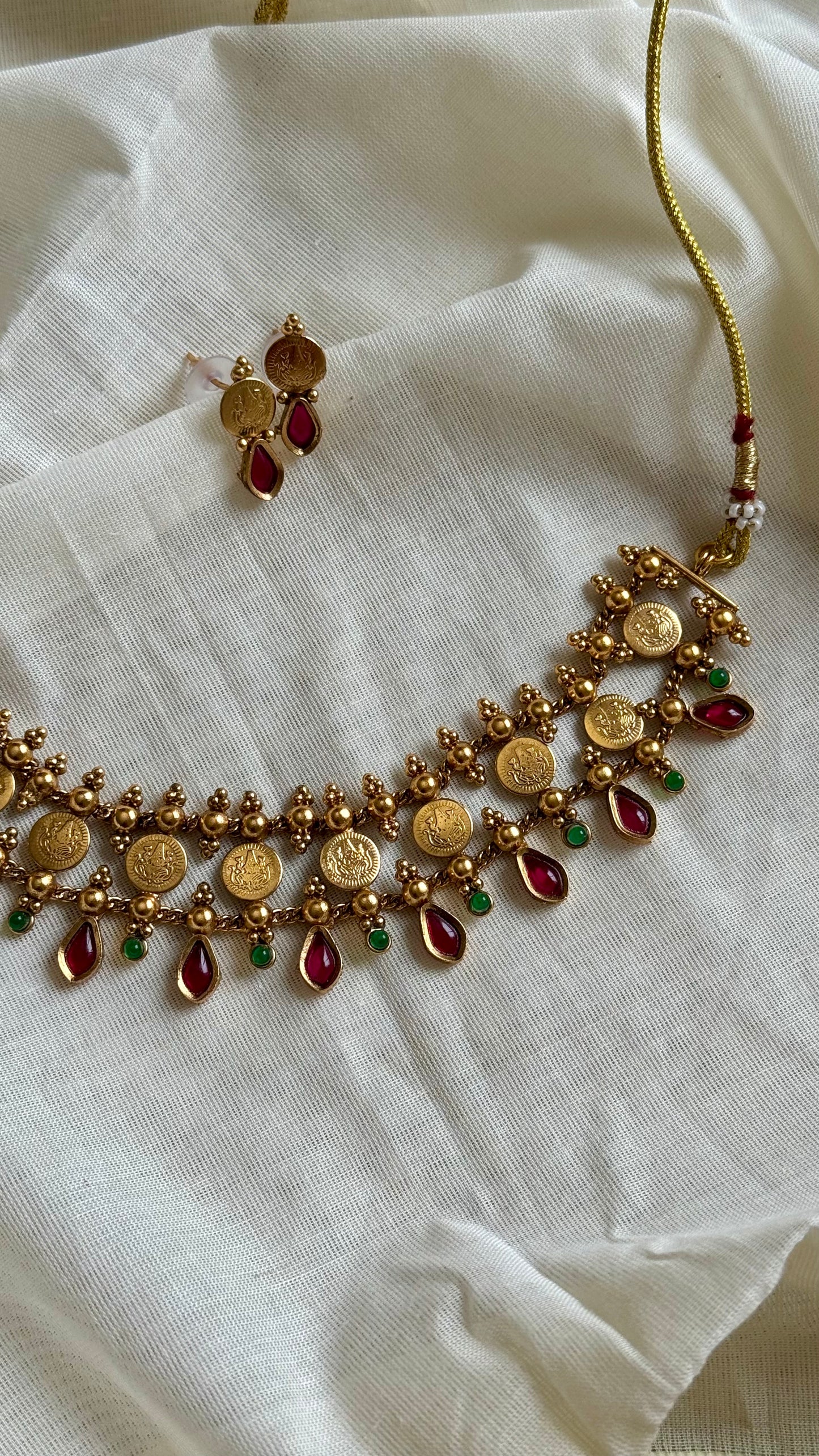 Double layer coin necklace with red and green stones - YCAGC75
