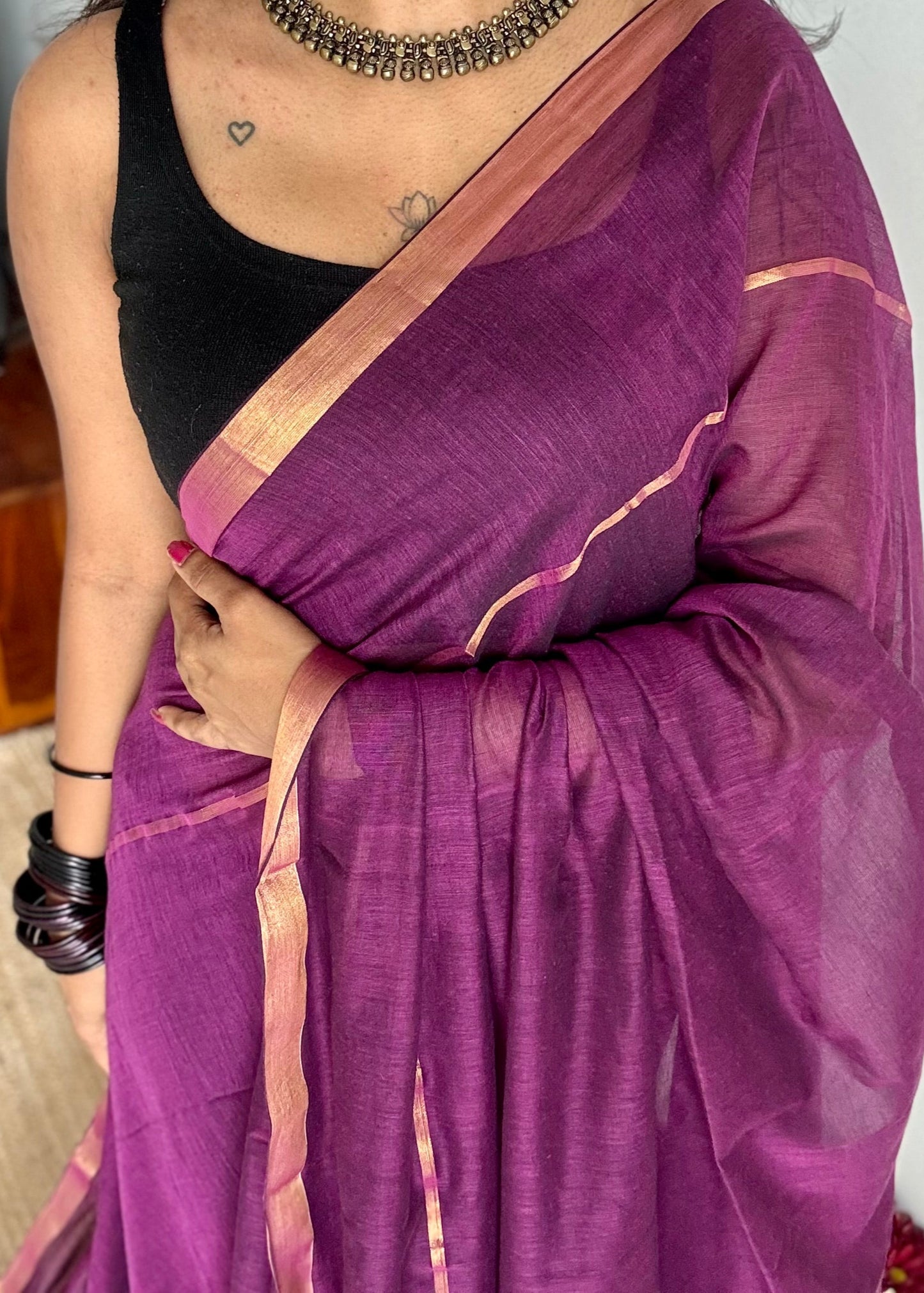 Purple pink mul, antique gold zari, gap border pattern - YCBCMCGZSE74