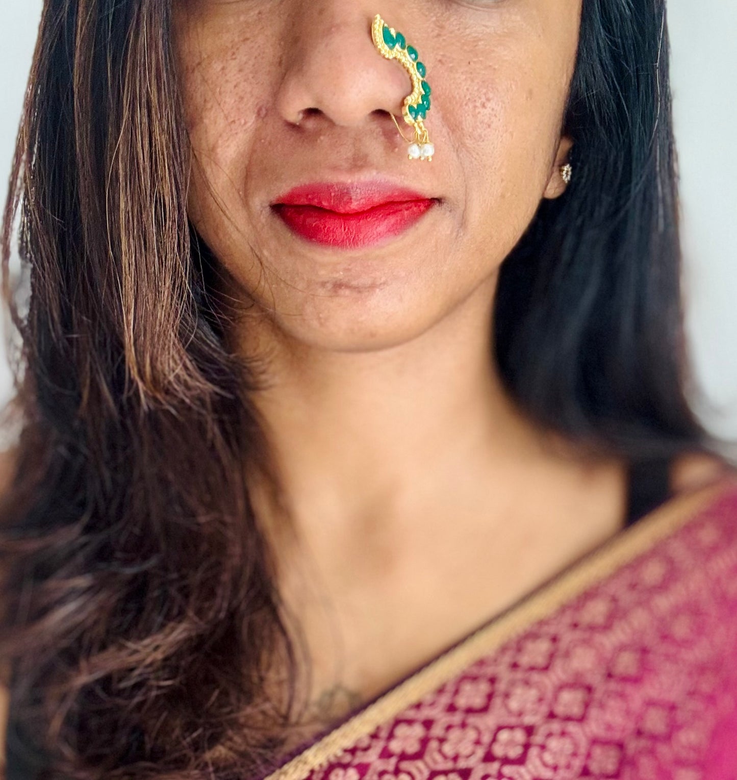 Gold plated, green coloured stone, clip on Maharashtrian nath - YCGPNC206