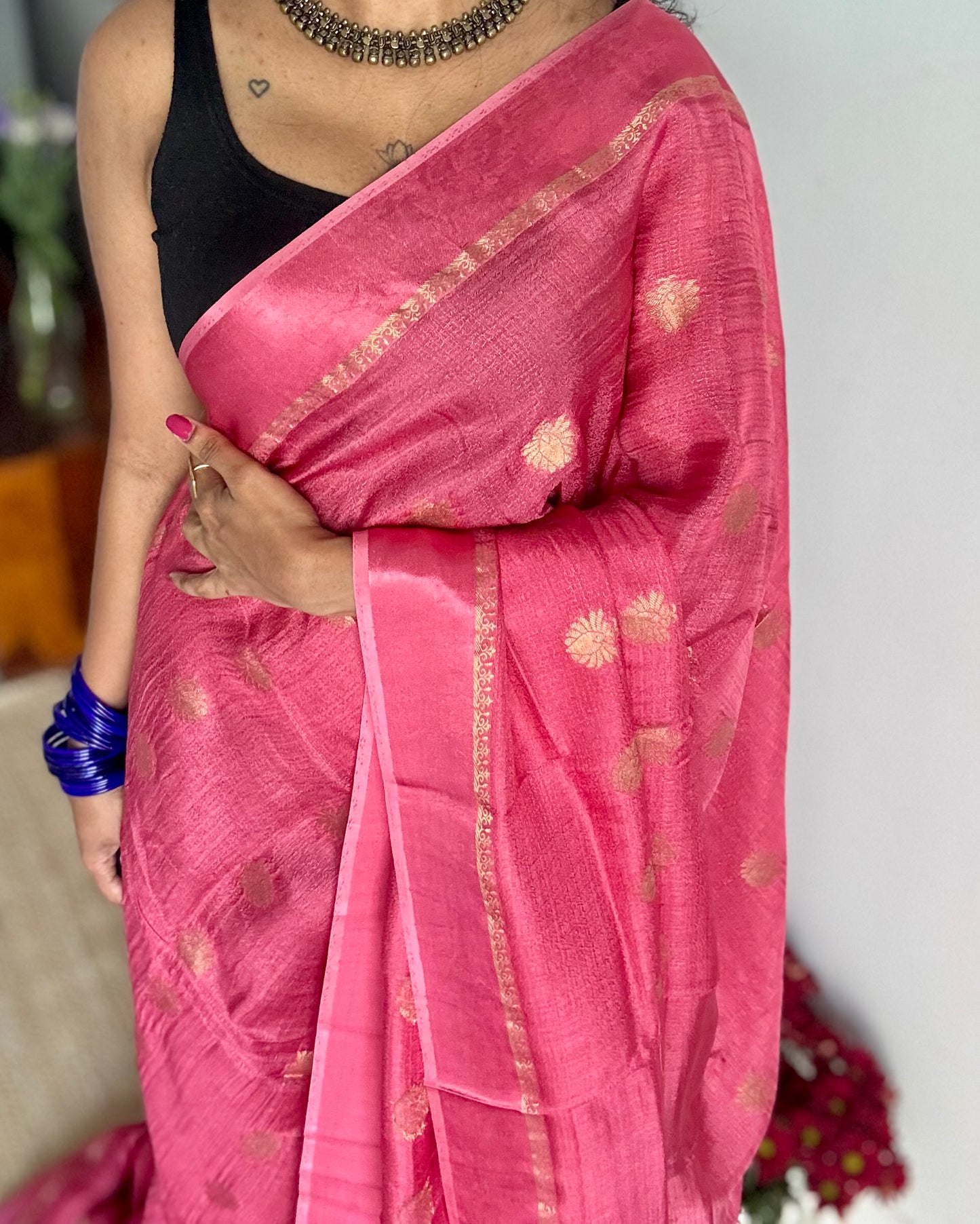 Onion pink in khadi silk, zari motifs - YCDOSFE21