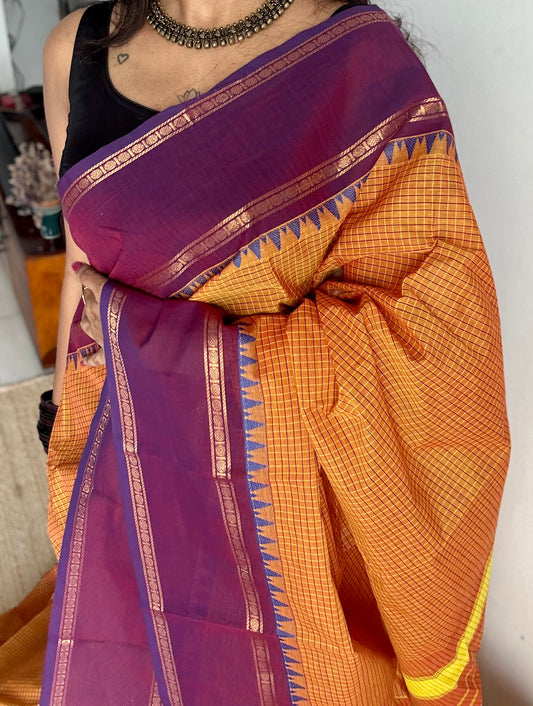 Orange with purple border, temple motifs, checkered body, kanchi cotton - YCCOTNOCKC26