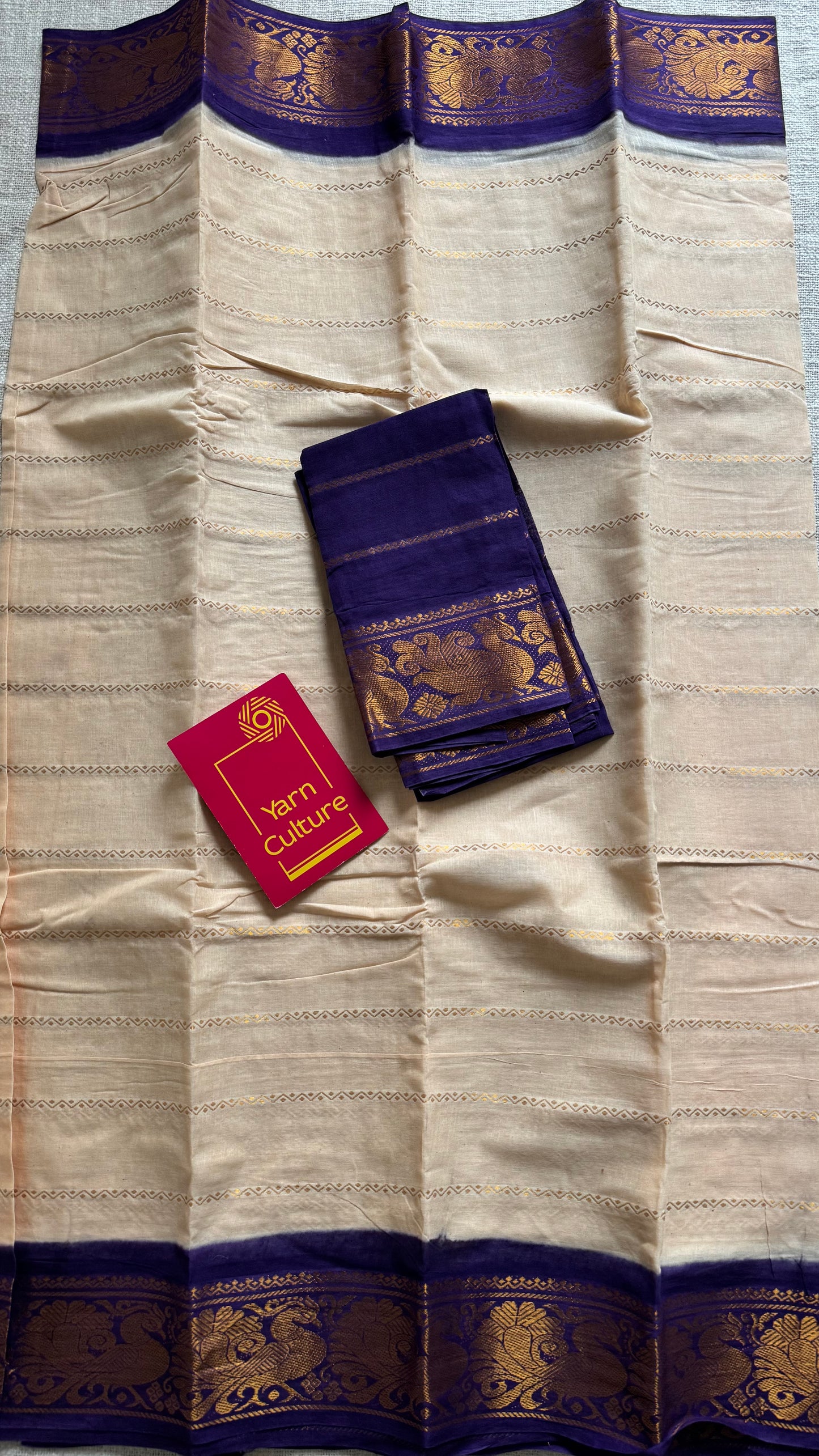 Cream with purple, peacock motif border - madurai kattuchayam dyed - YCCOTNAUS20