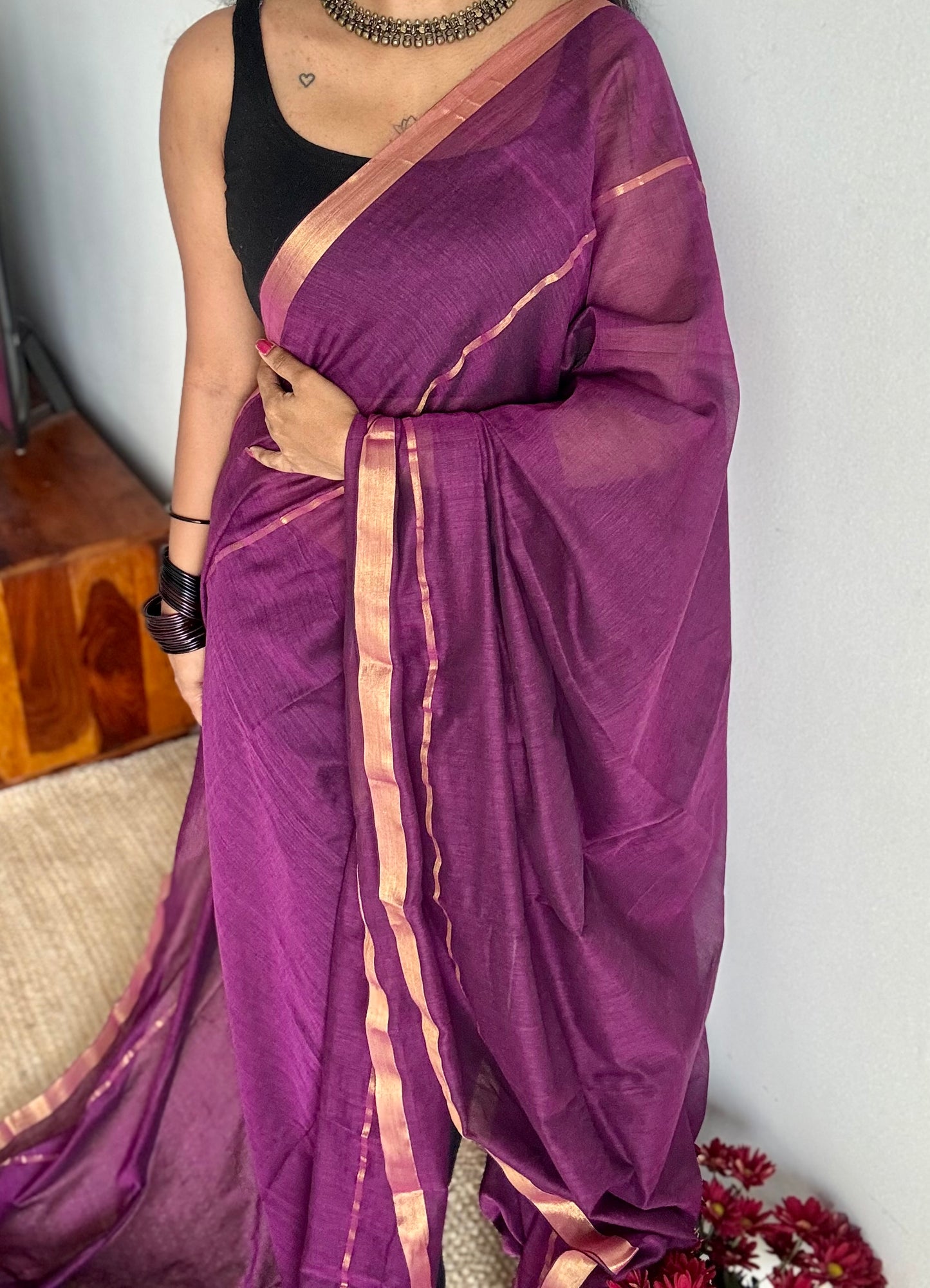 Purple pink mul, antique gold zari, gap border pattern - YCBCMCGZSE74