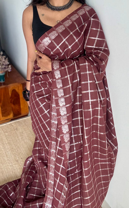 Brown silver pavithra kattam sungudi, madurai cotton - YCCOTNSEMS11