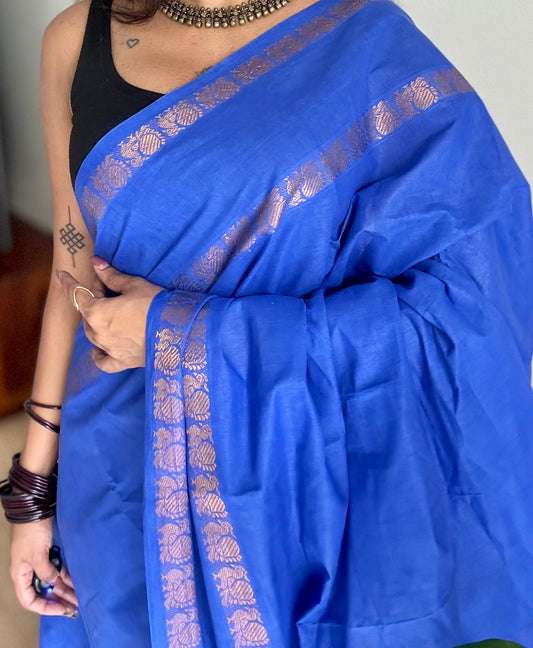 Electric blue rettaipettu peacock gap border, kattuchayam dyed madurai cotton saree - YCCOTNMSJUL01