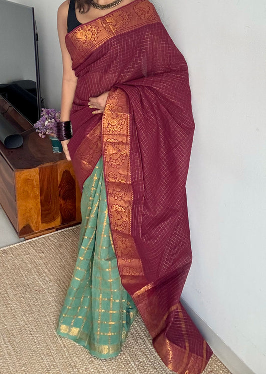 Maroon with mint green, sungudi cotton half-half saree - YCCOTNMSFE362