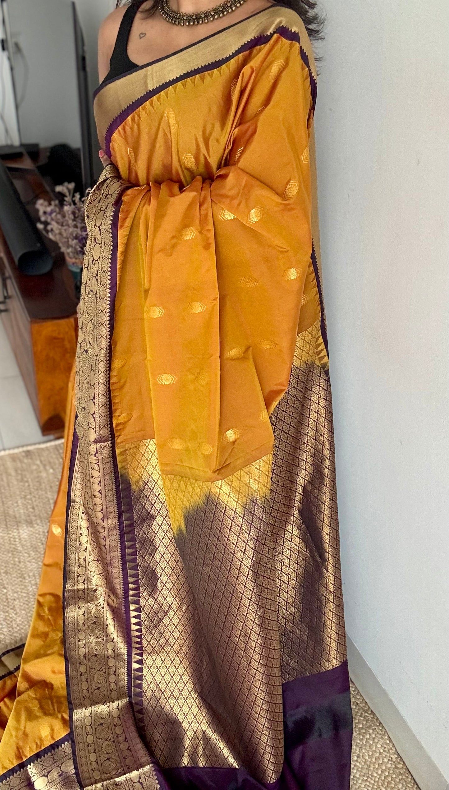 Vaidhi - mustard with deep purple, handloom korvai semi silk - YCCOTNFEJUKS02