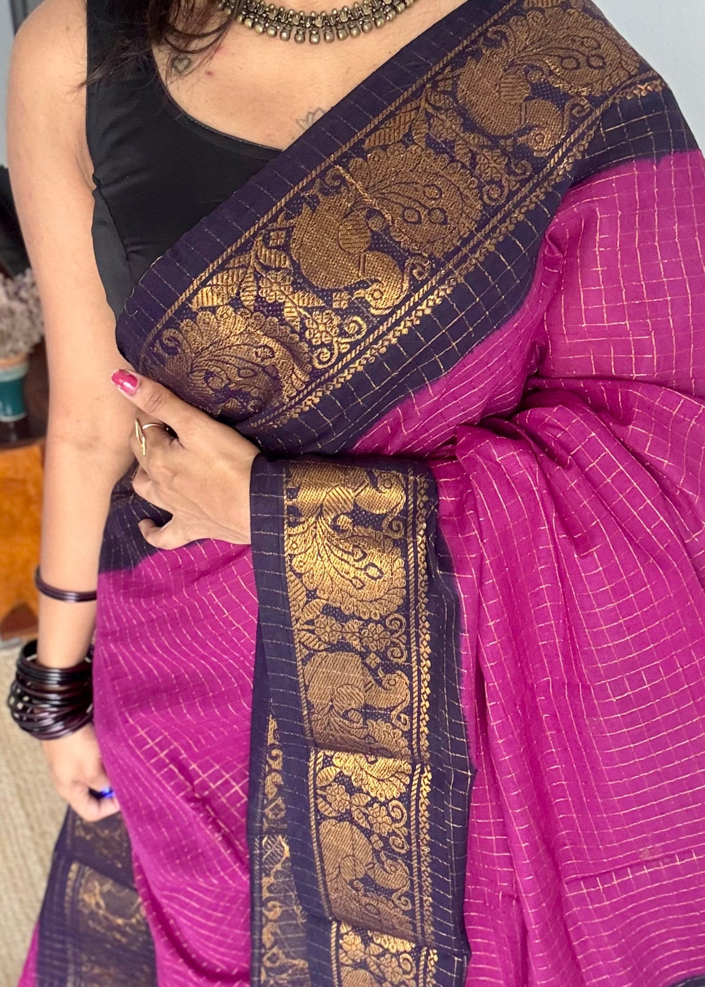 Purple pink with dark blue checkered sungudi, madurai cotton - YCCOTNOCSC21