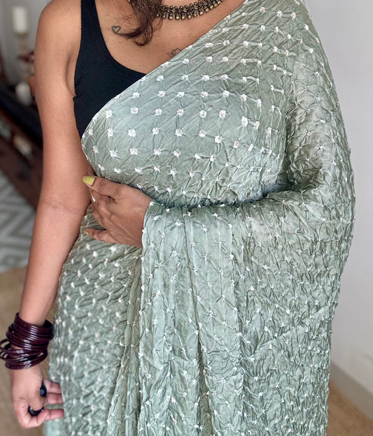 Pastel mint green, crushed bandhej pure modal silk saree with lagdi patta zari pallu - YCTOKBM334