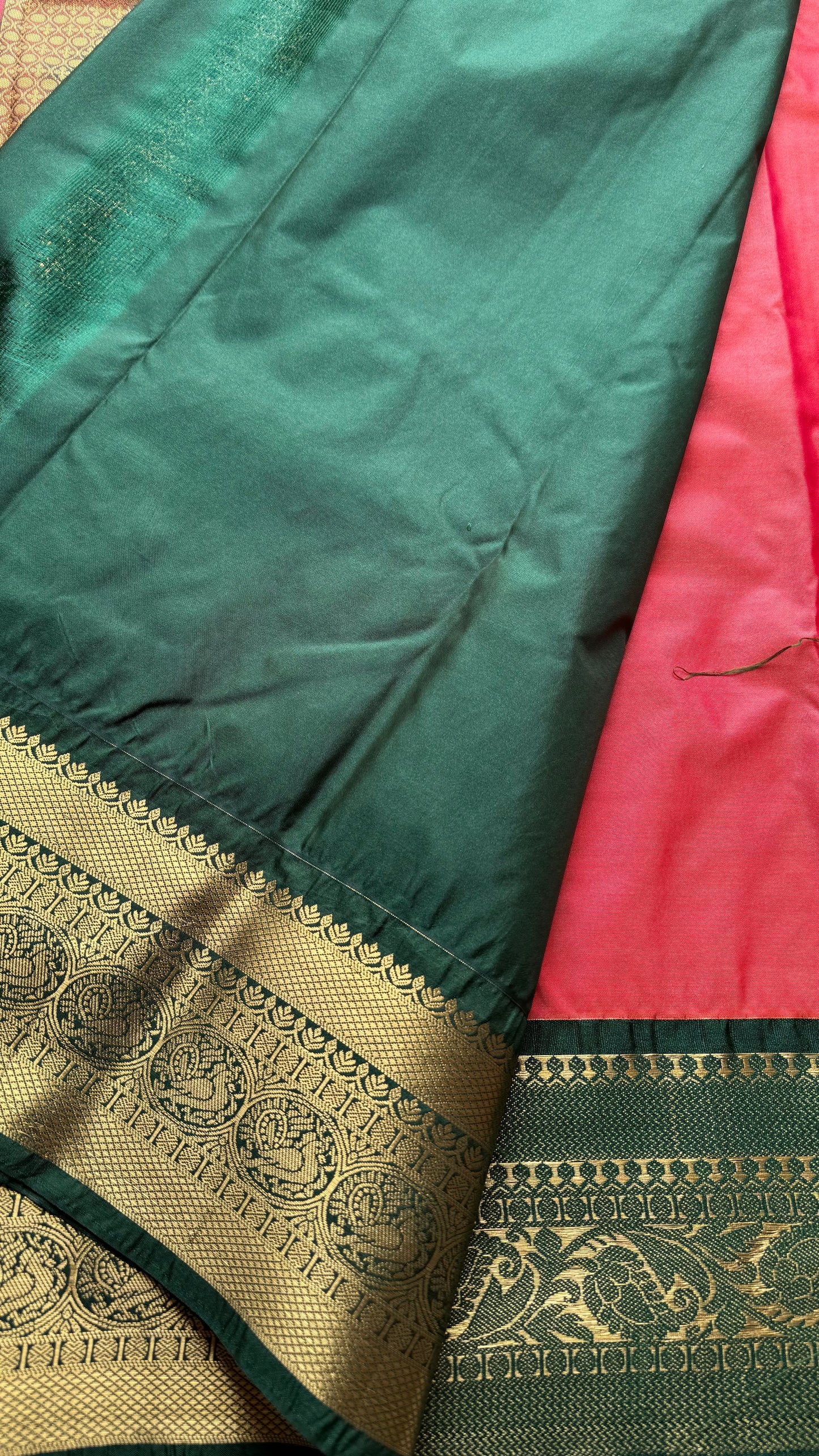 Kavini - peach with dark green, handloom korvai semi silk - YCCOTNFEJUKS01