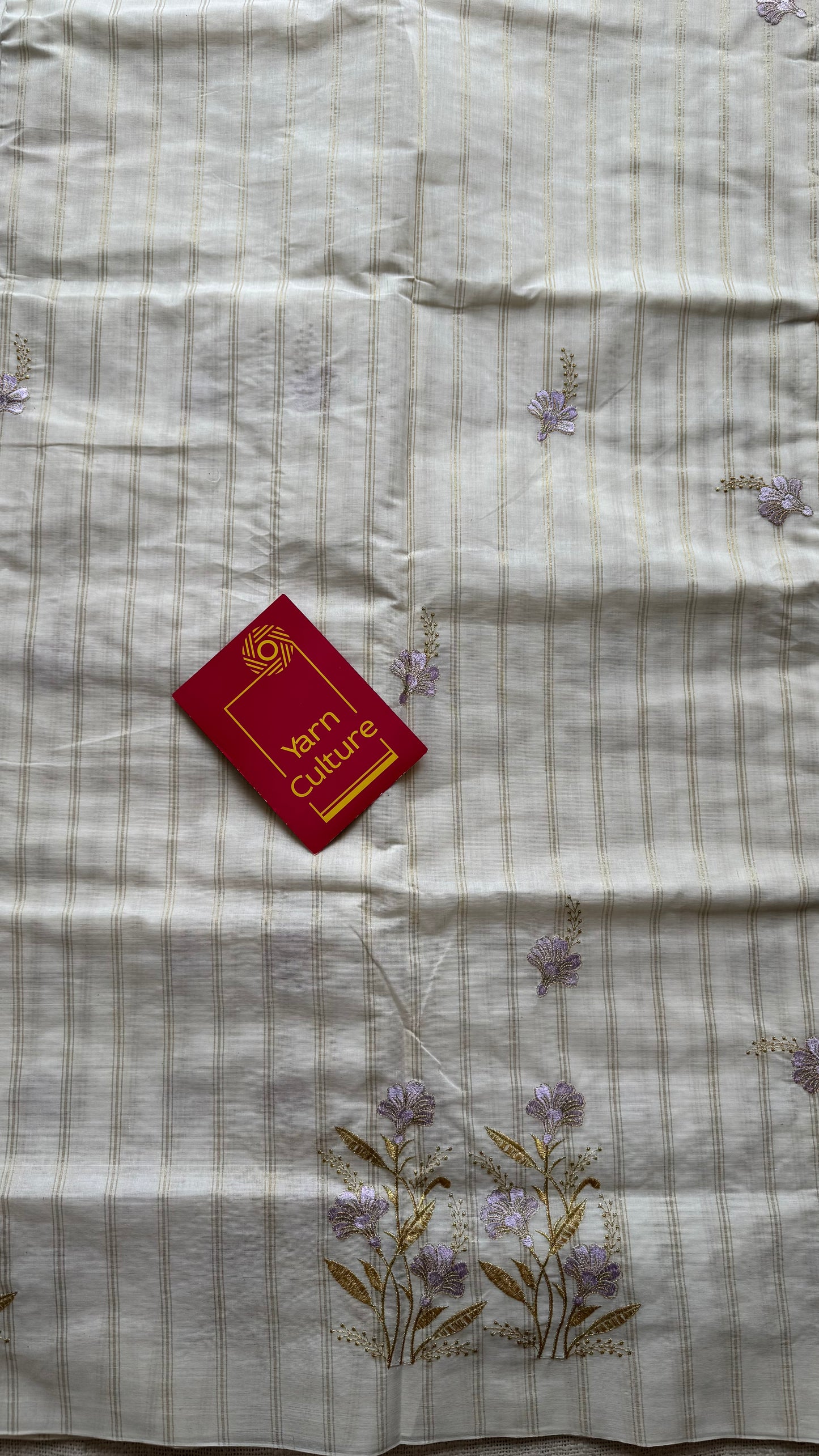 Ivory and gold with lavender flower embroidery, striped zari, kerala cotton - YCON25KCSFE261