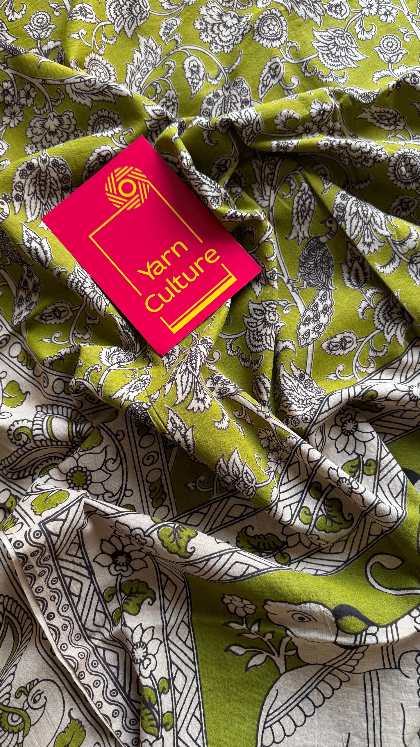 Light green kalamkari saree, floral vines, soft cotton - YCWOTDMA345