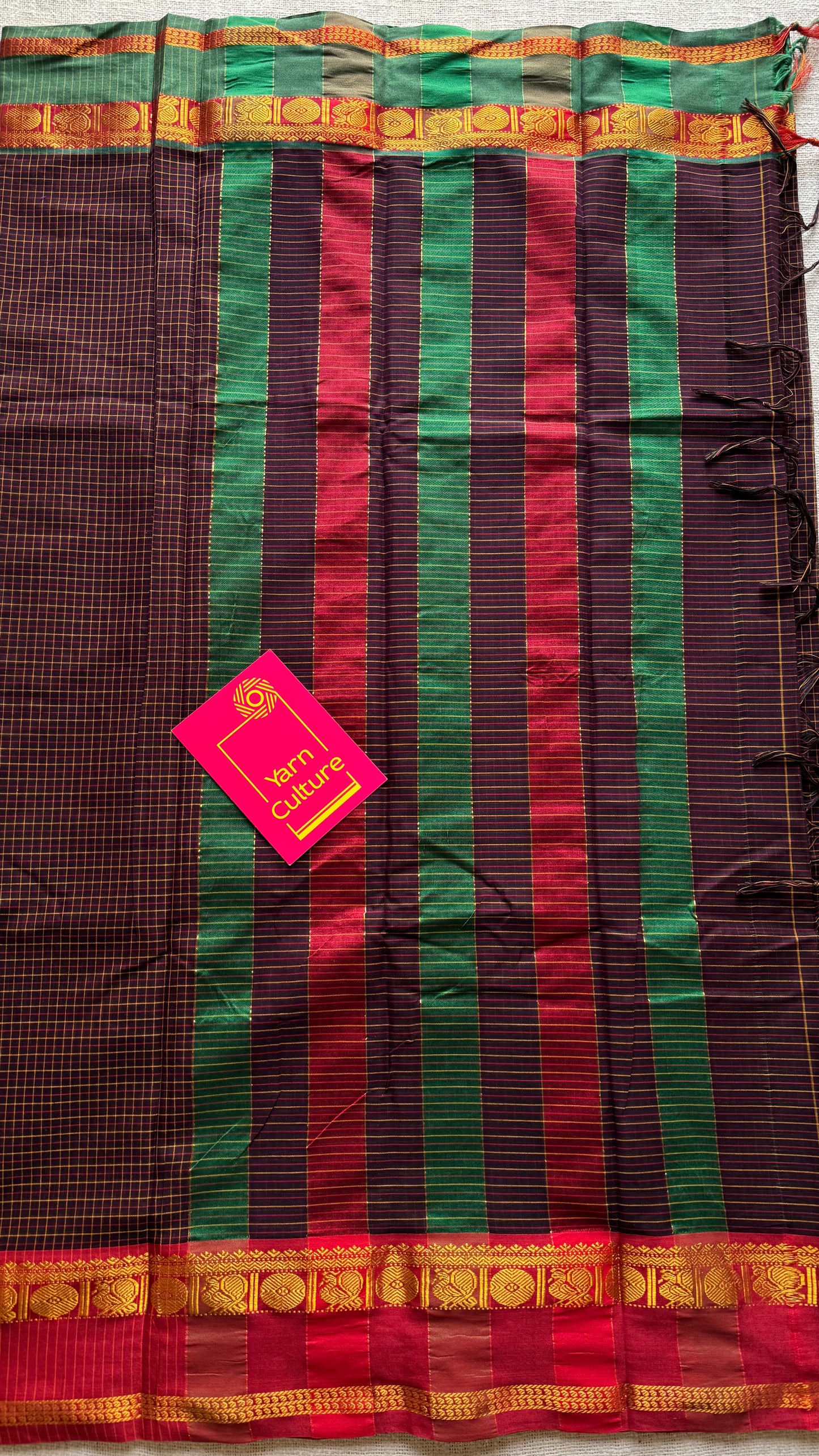 Brown checks with green and red ganga jamuna borders, premium narayanpet soft cotton - YCWOTDNPJA155