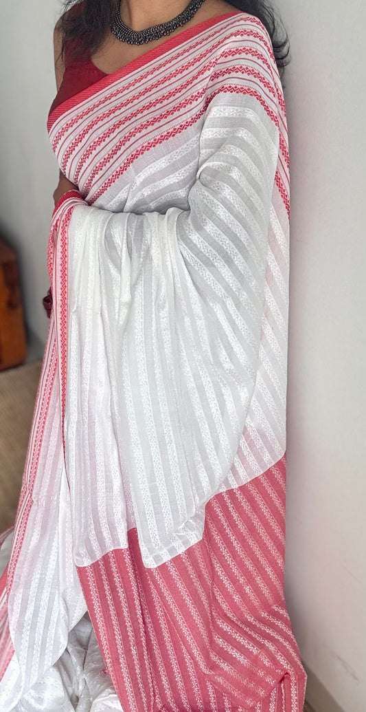 White with red patterned border, self pattern, soft cotton - YCBCDP09