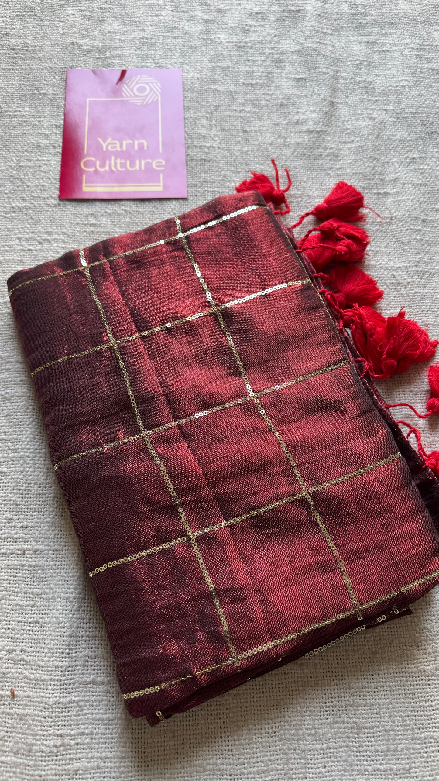 Maroon, checkered sequins work, mul tissue - YCBCMCJA10