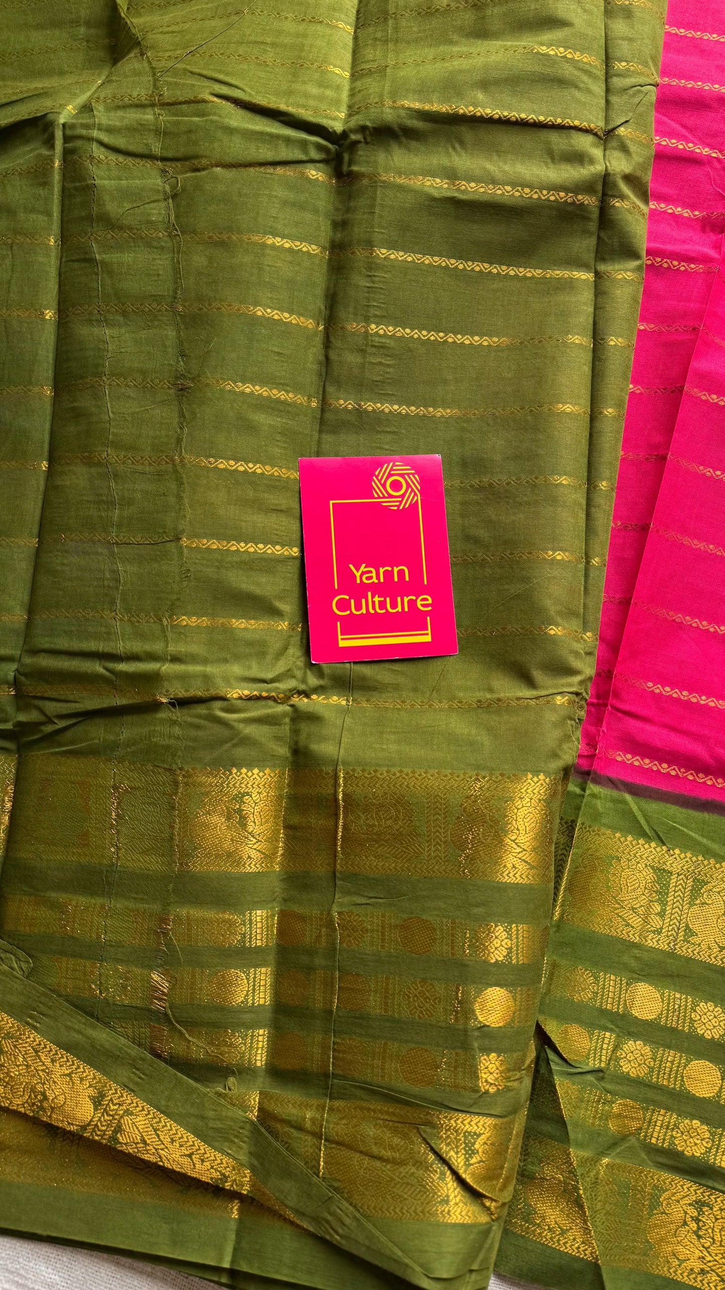 Reddish pink with green, peacock rudraksham motif, single side broad zari - madurai kattuchayam dyed - YCCOTNAUS34