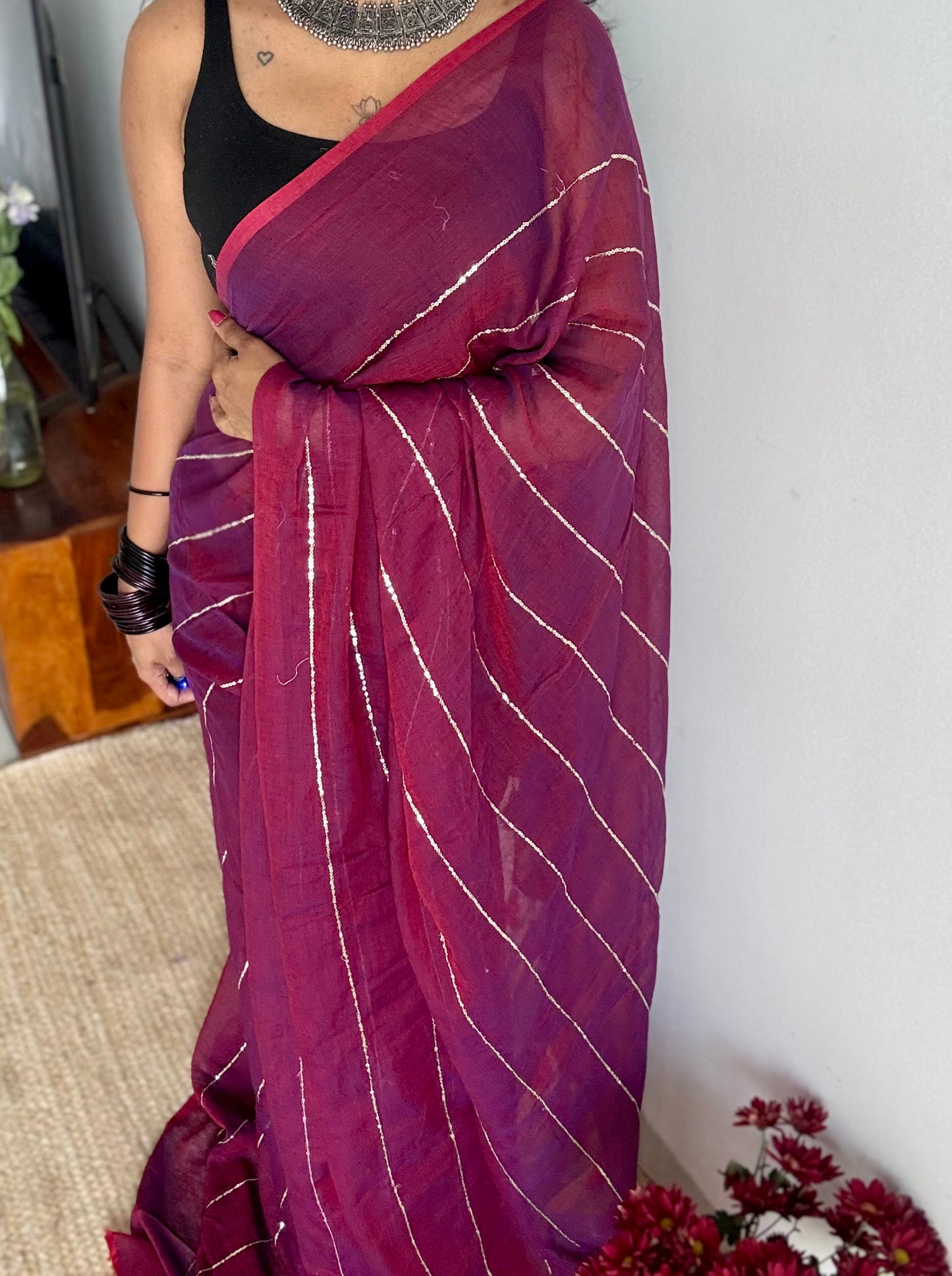 Grape wine dual tone mul with silver sequins - YCBCMCLSE58