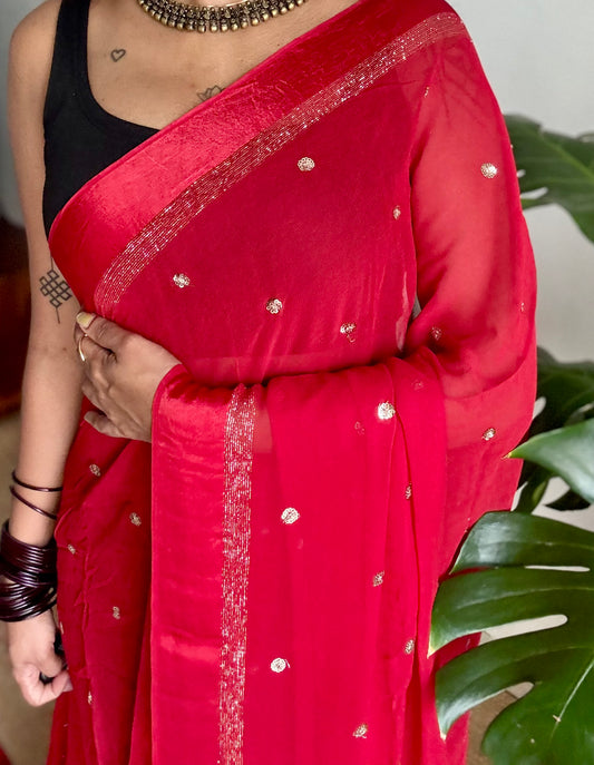 Red viscose georgette saree, gold buttas, satin border - YCDOSOC45