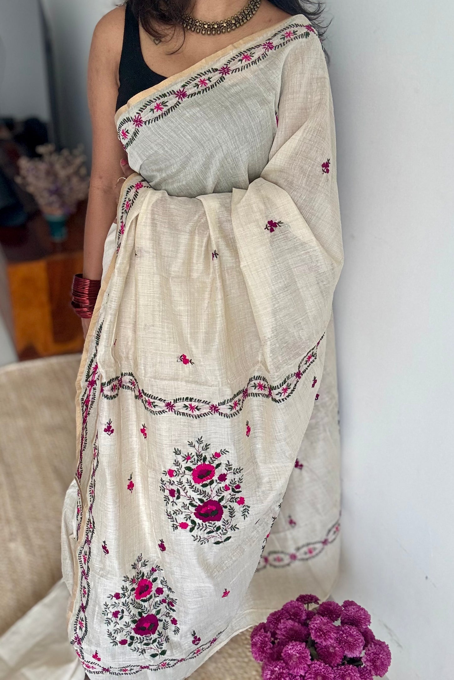 Ivory maheshwari cotton silk blend with purple and magenta floral kantha threadwork - YCBLAUMK08