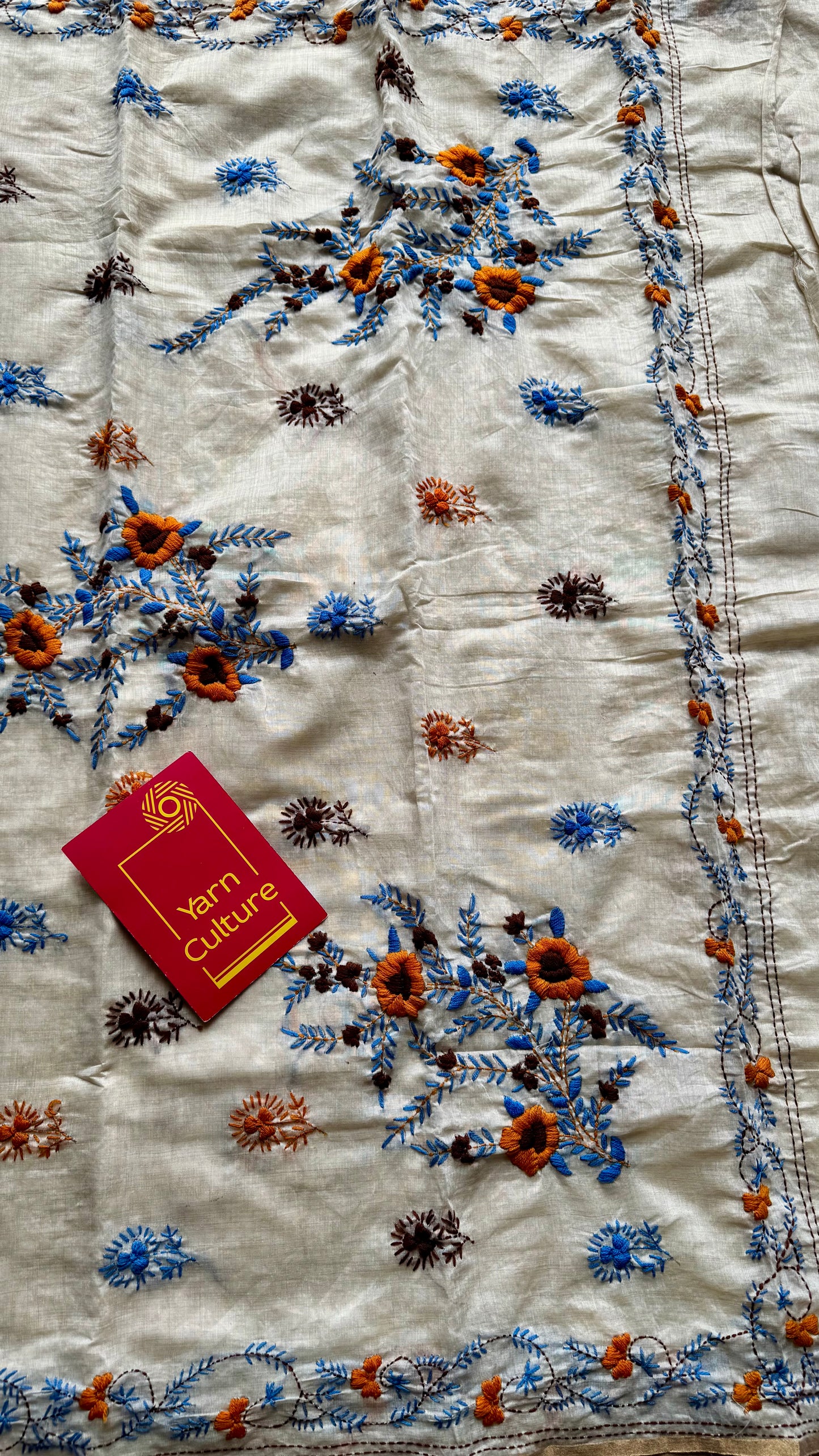 Ivory maheshwari cotton silk blend with yellow and blue floral kantha threadwork - YCBLAUMK11