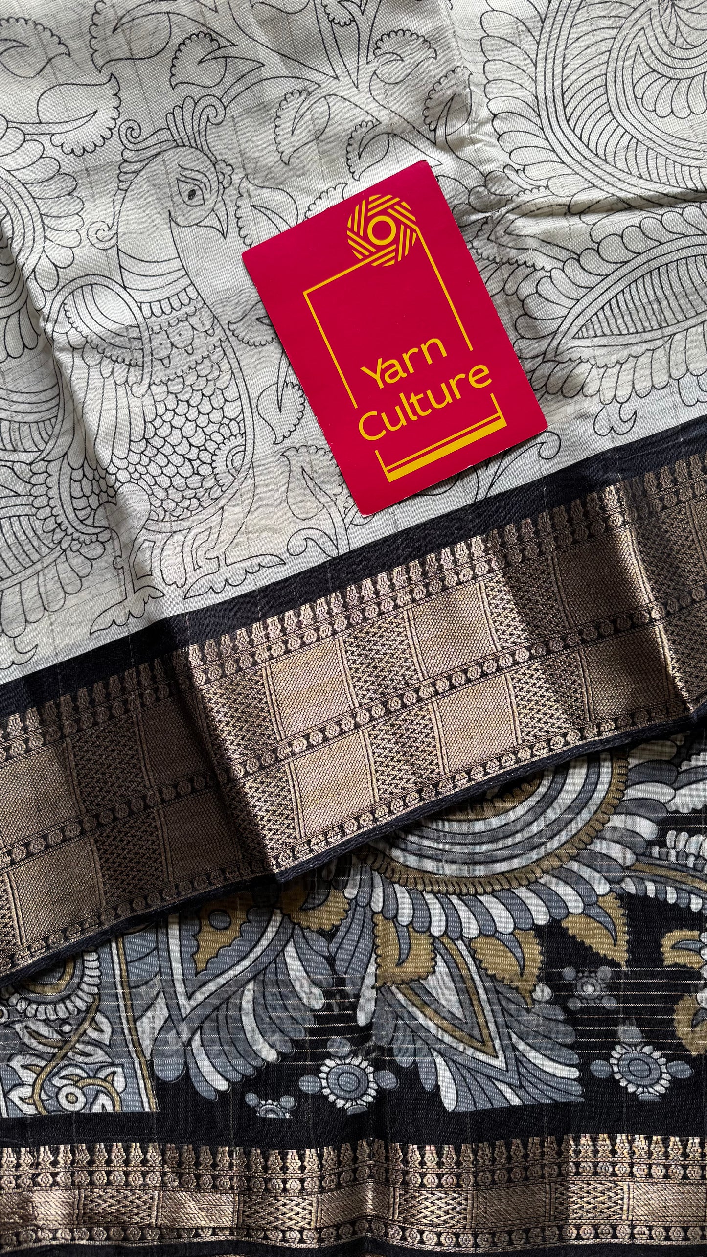 Off white and black, printed kalamkari, semi-tussar - YCWOTDSTK07