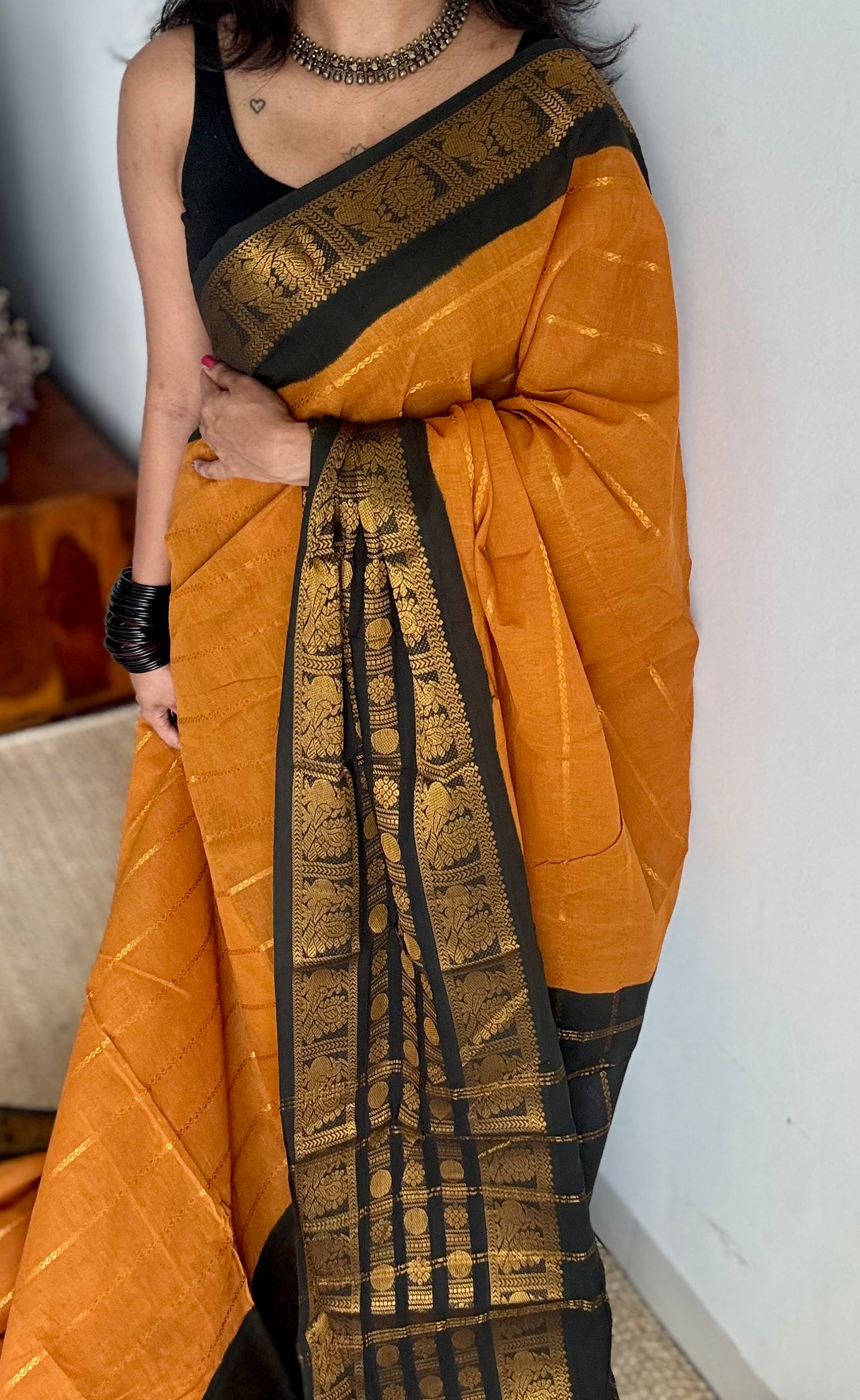 Turmeric yellow with black, peacock rudraksham motif, single side broad zari - madurai kattuchayam dyed - YCCOTNAUS27