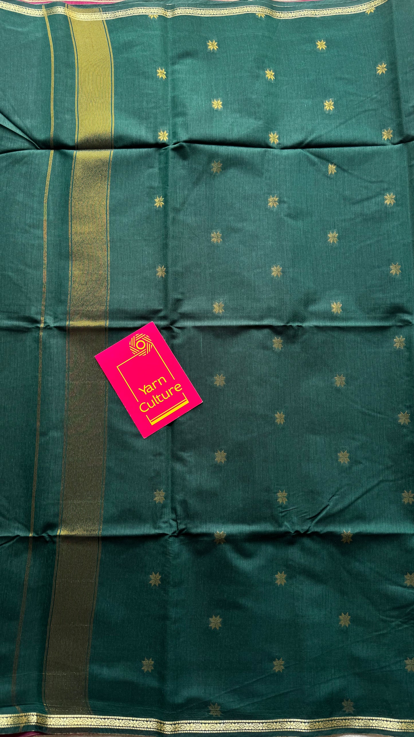 Berry pink with green, gold buttas, semi maheshwari cotton silk - YCCOTNFEJUSM04