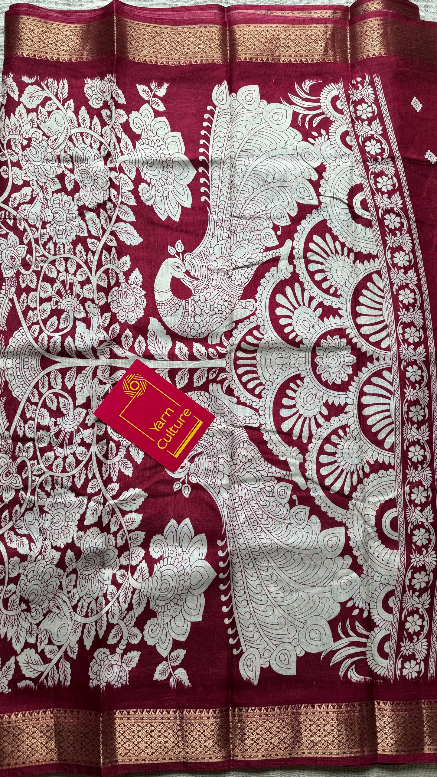 White and red contrast, printed kalamkari, semi-tussar - YCWOTDSTK03