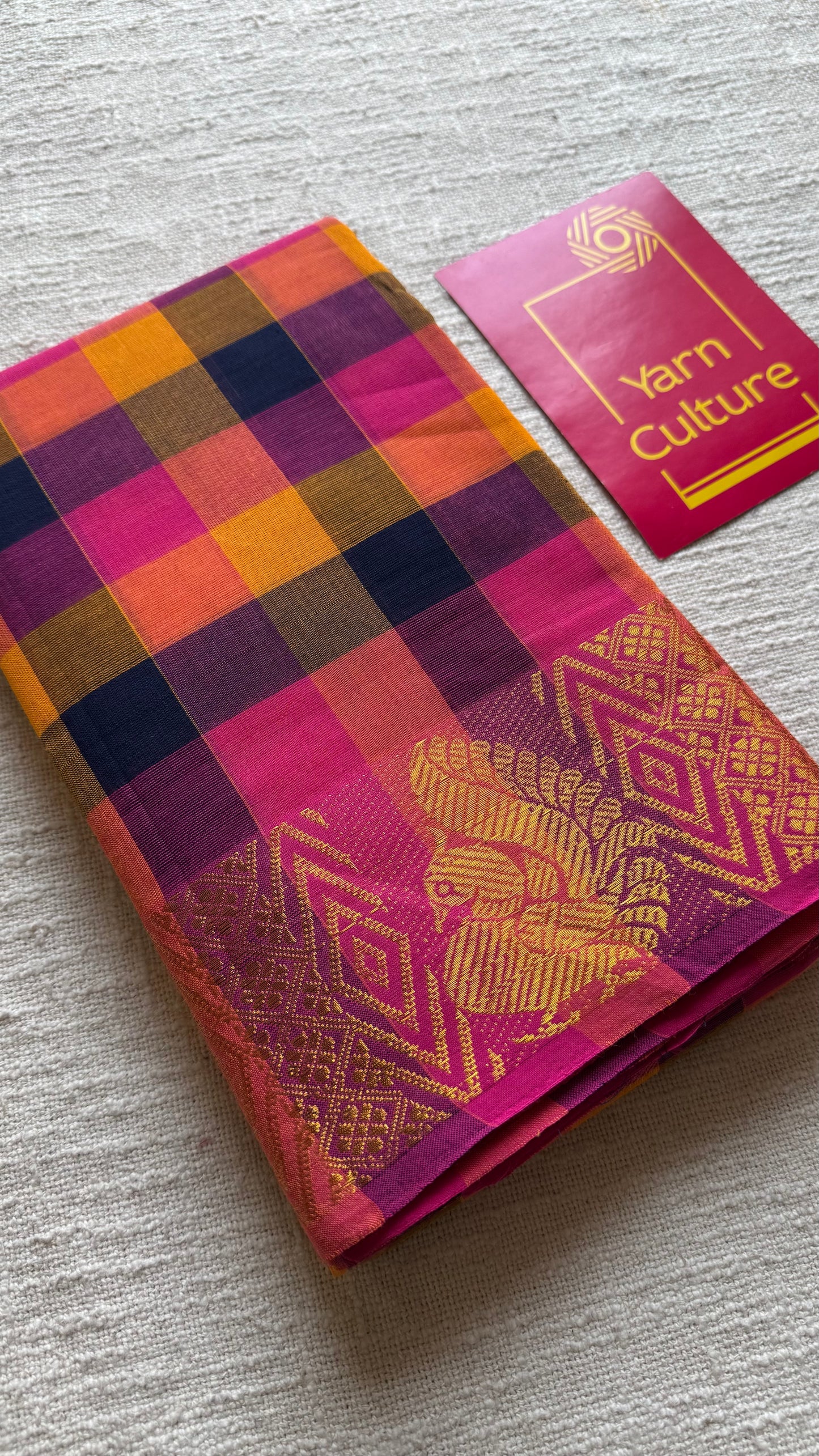 Multicolour Chettinad cotton saree with paalum pazhamum checks (hot pink, yellow, navy, orange) - YCCOTNMA281